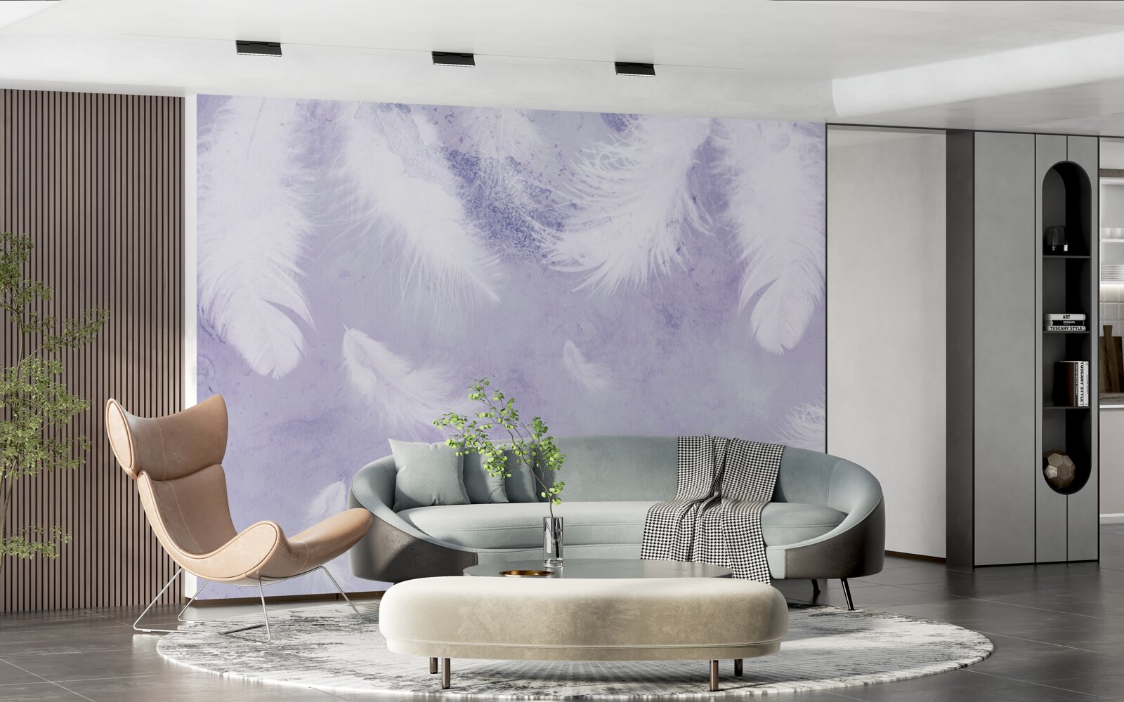 Fotobehang zwevende witte veren