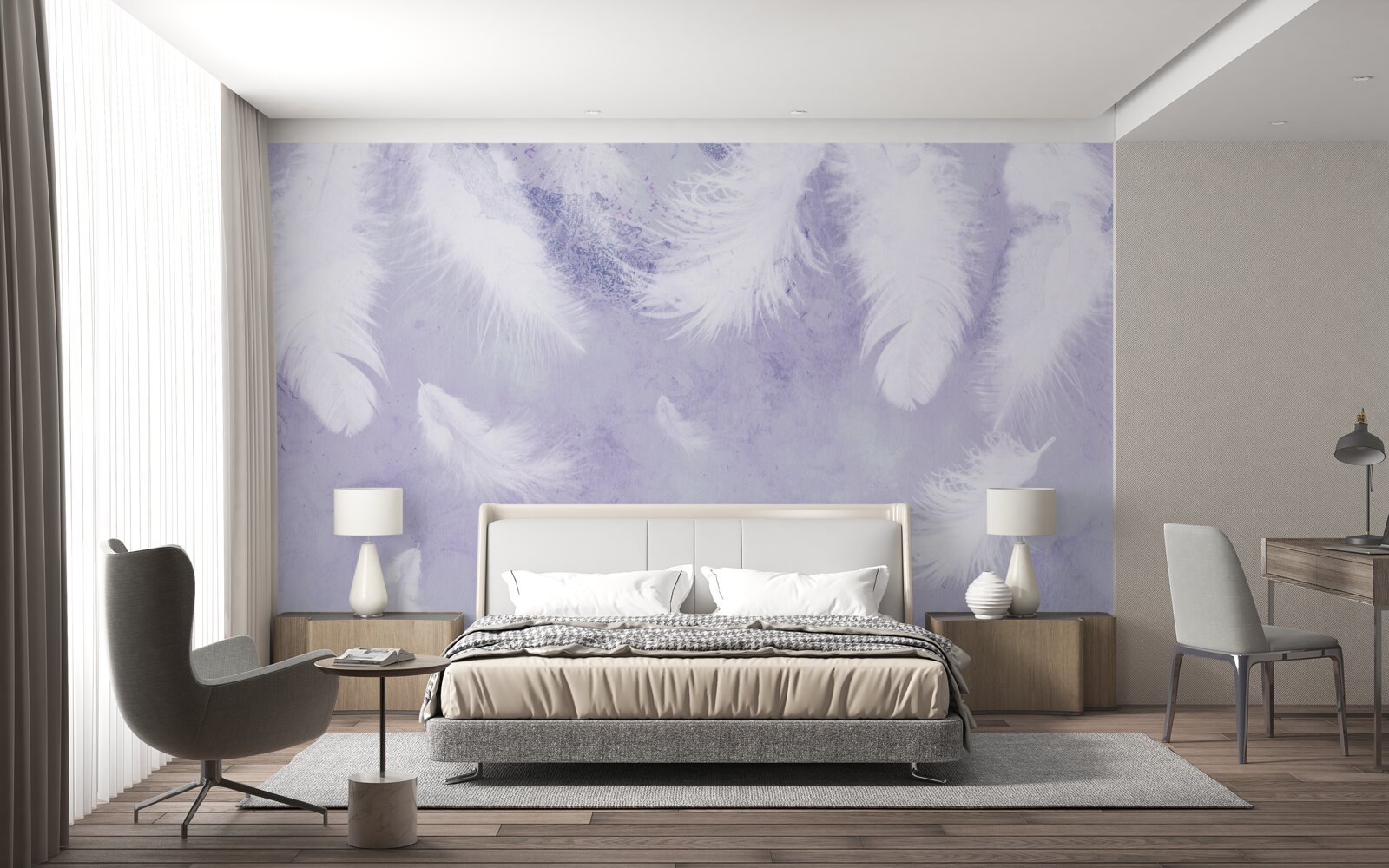 Fotobehang zwevende witte veren