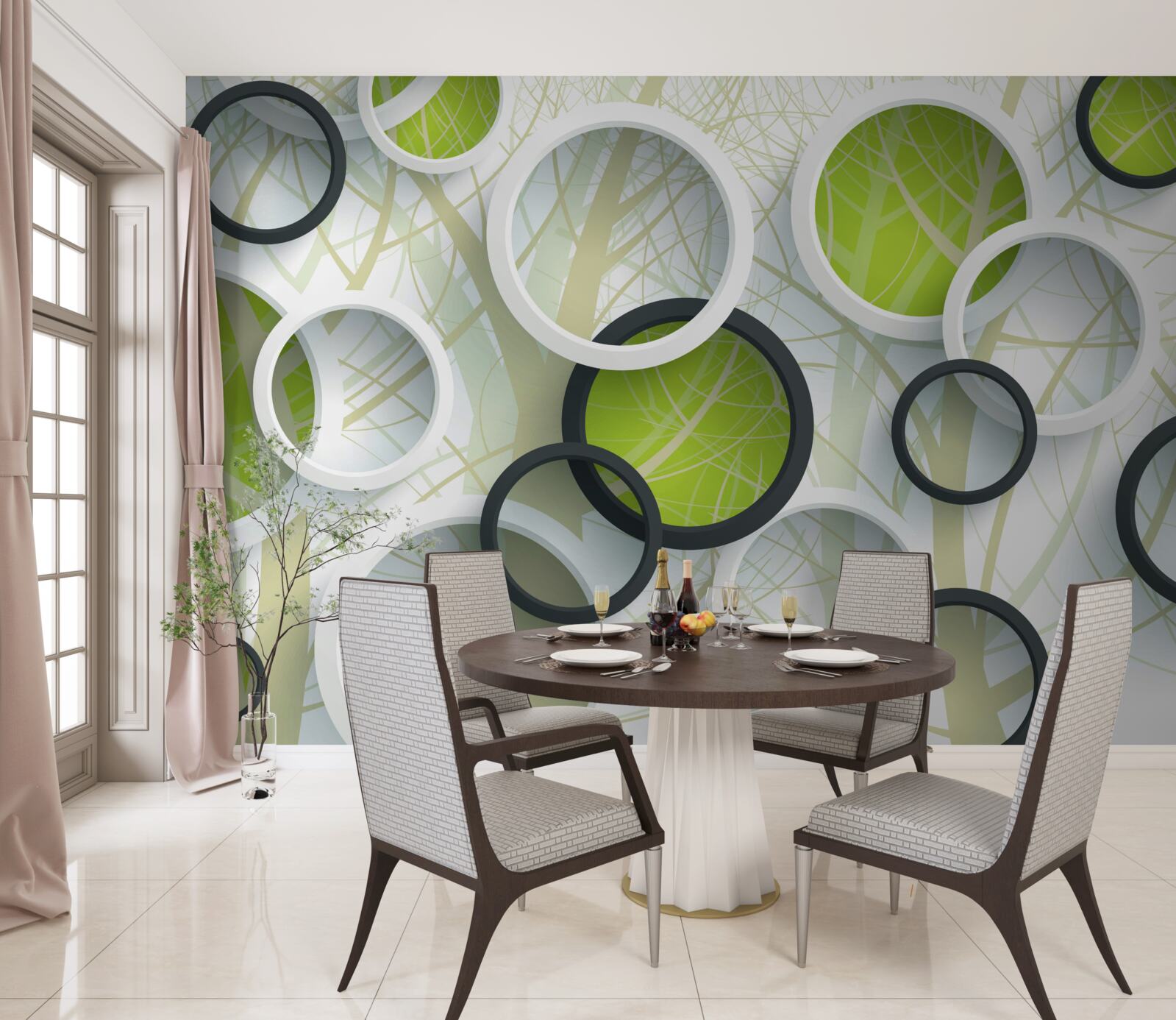 Fotobehang witte en groene cirkels over elkaar