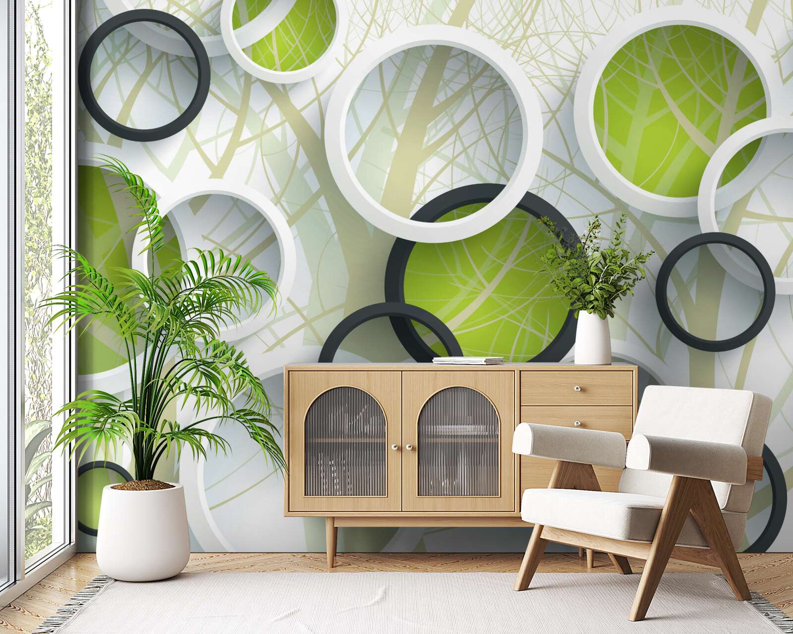 Fotobehang witte en groene cirkels over elkaar