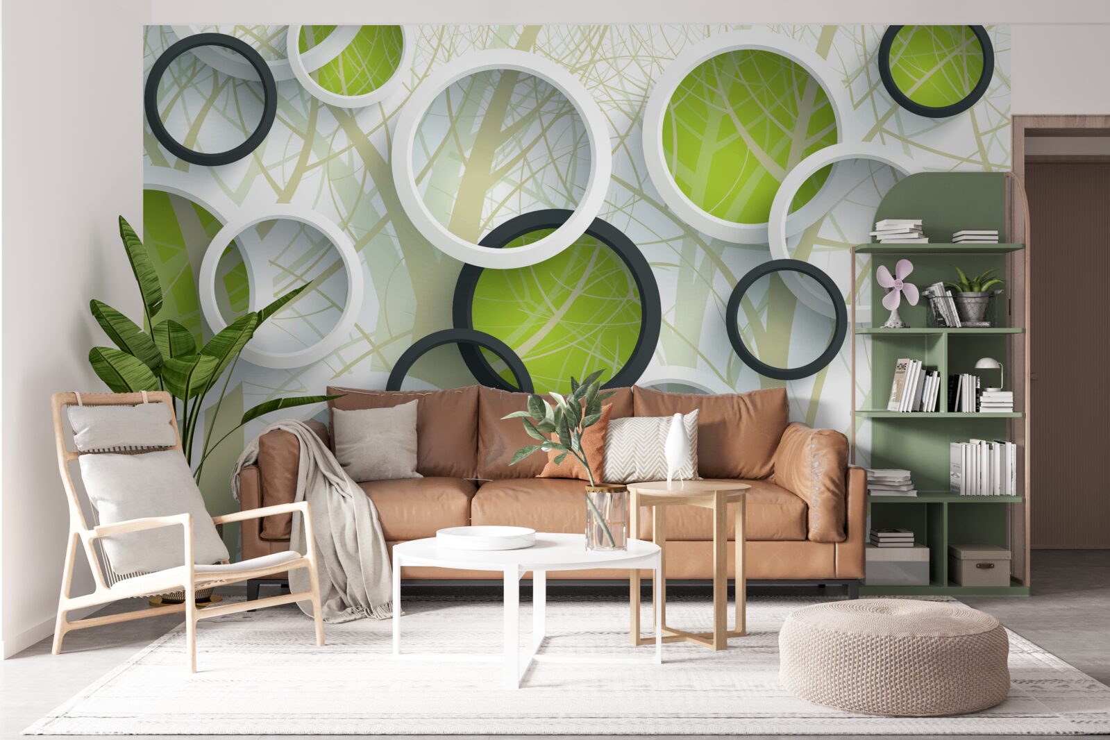 Fotobehang witte en groene cirkels over elkaar