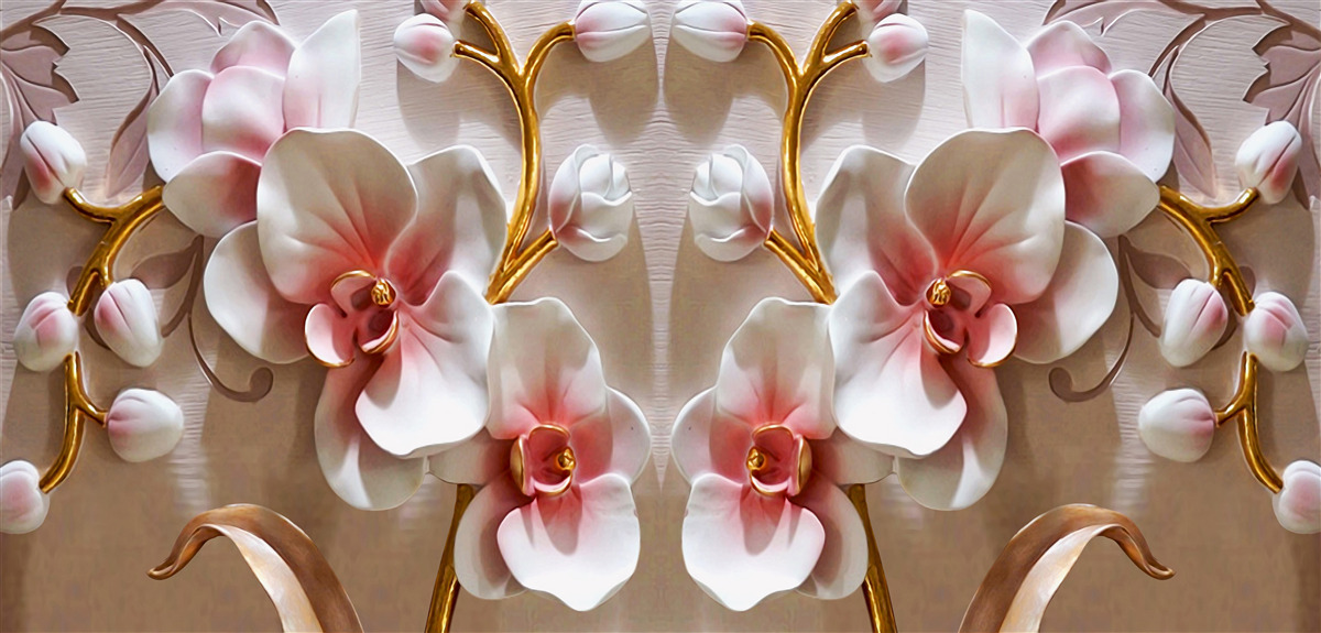 Fotobehang orchideeënknoppen weerspiegeld in een sneeuwwitte kleur