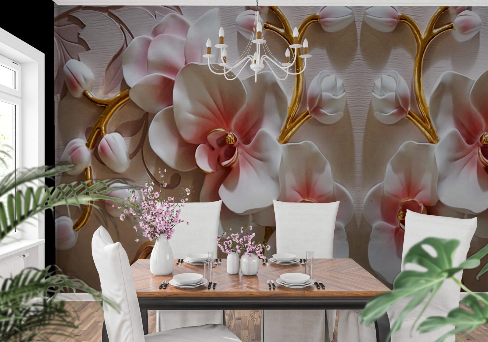 Fotobehang orchideeënknoppen weerspiegeld in een sneeuwwitte kleur