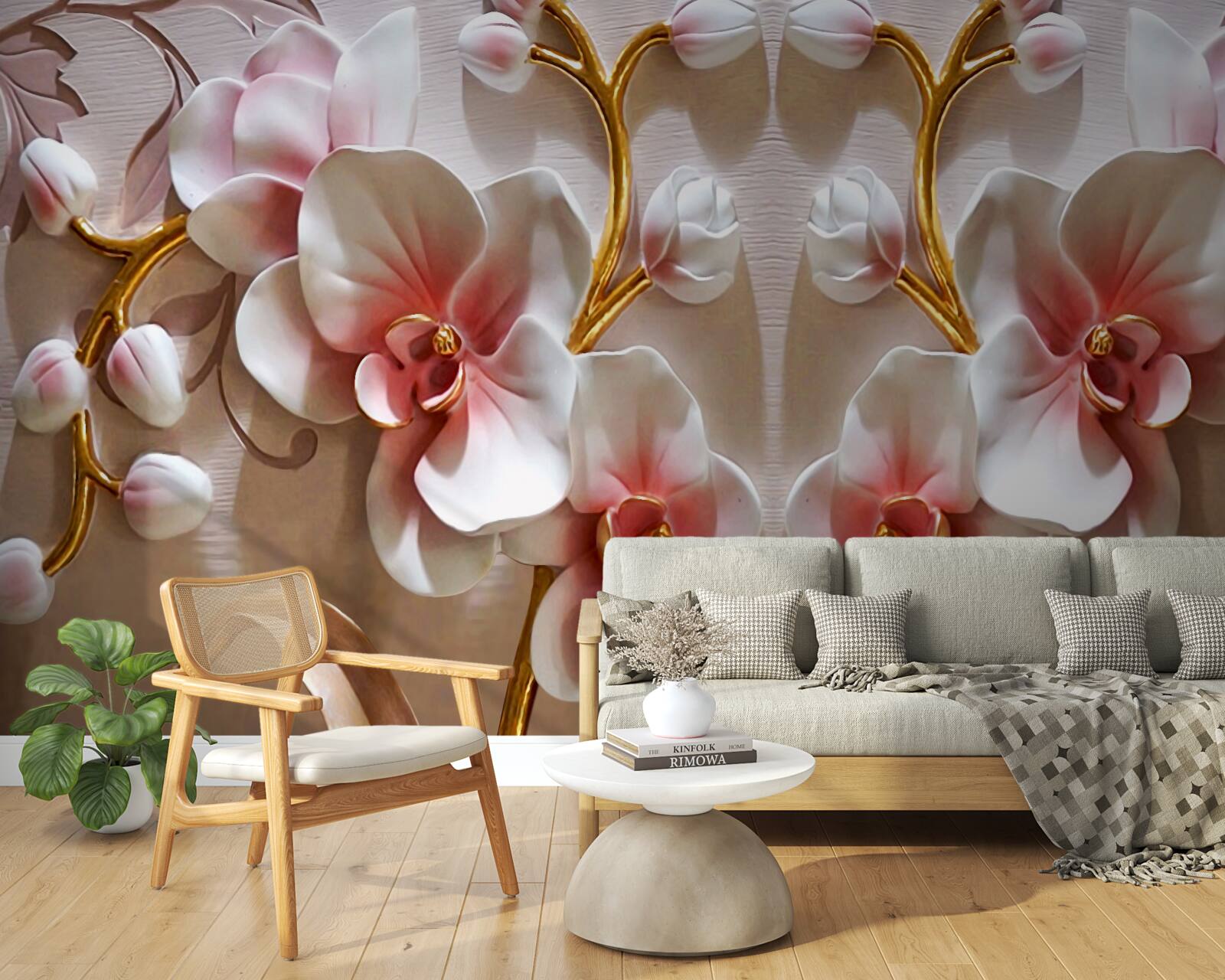 Fotobehang orchideeënknoppen weerspiegeld in een sneeuwwitte kleur