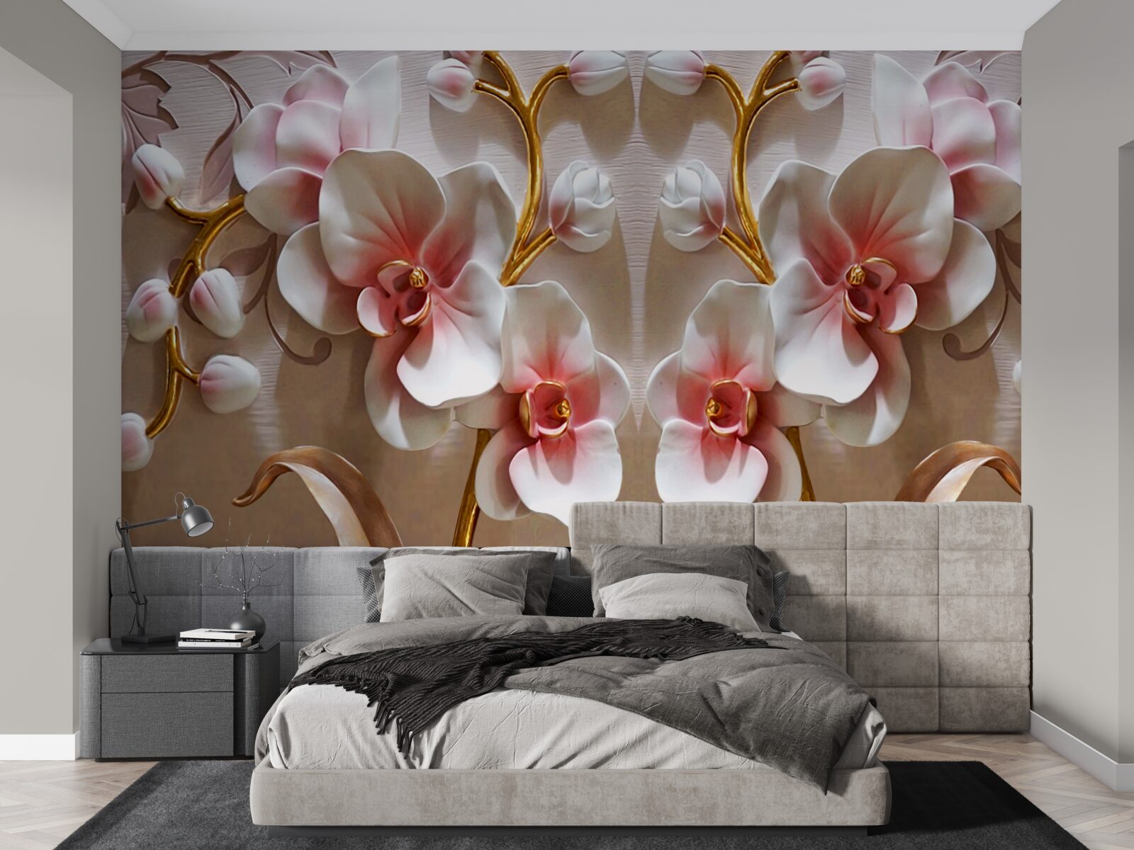 Fotobehang orchideeënknoppen weerspiegeld in een sneeuwwitte kleur