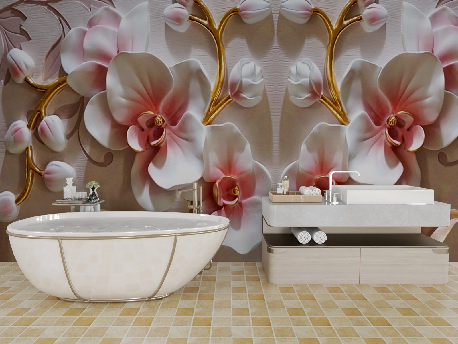 Fotobehang orchideeënknoppen weerspiegeld in een sneeuwwitte kleur