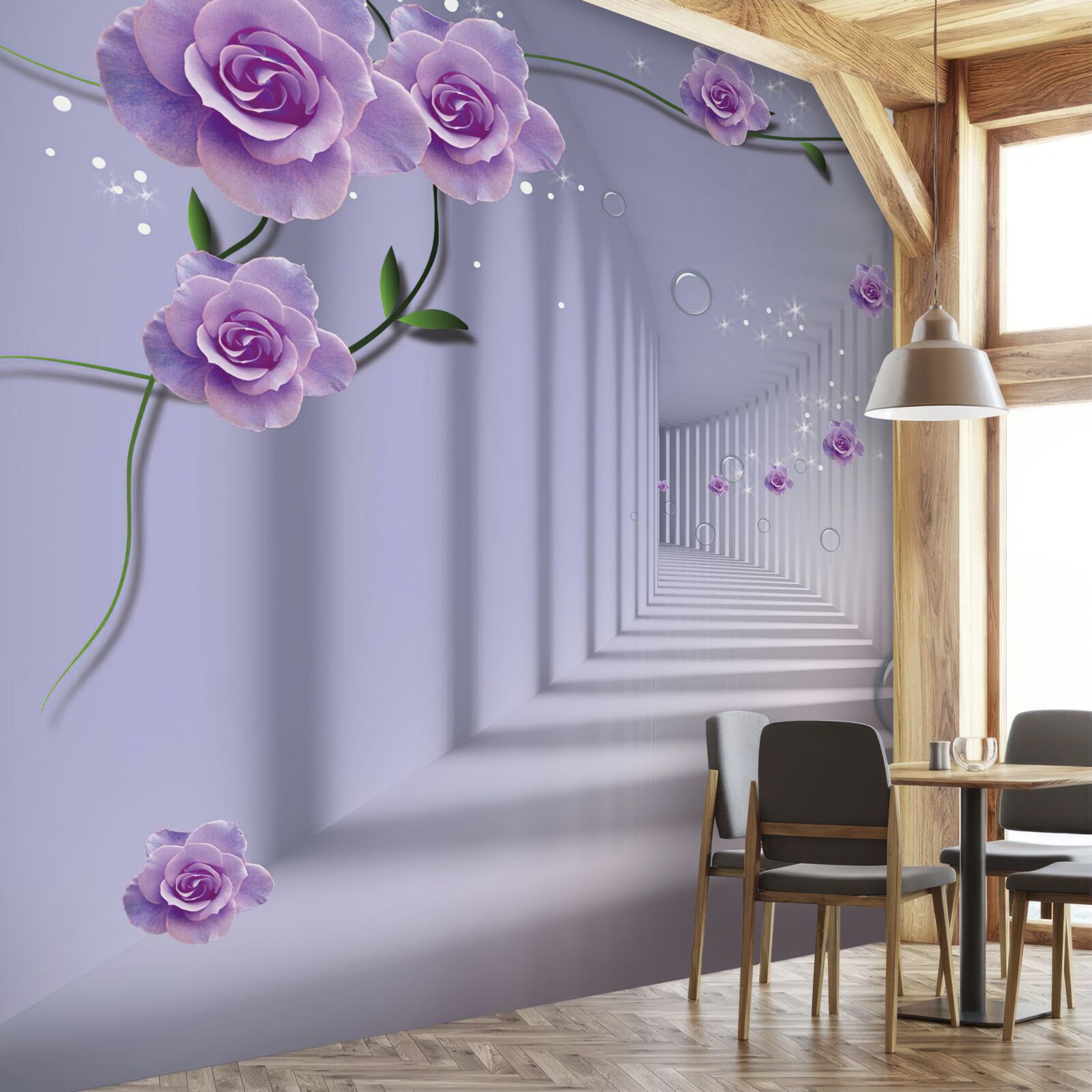 Fotobehang in perspectief, een tunnel versierd met een paarse roos