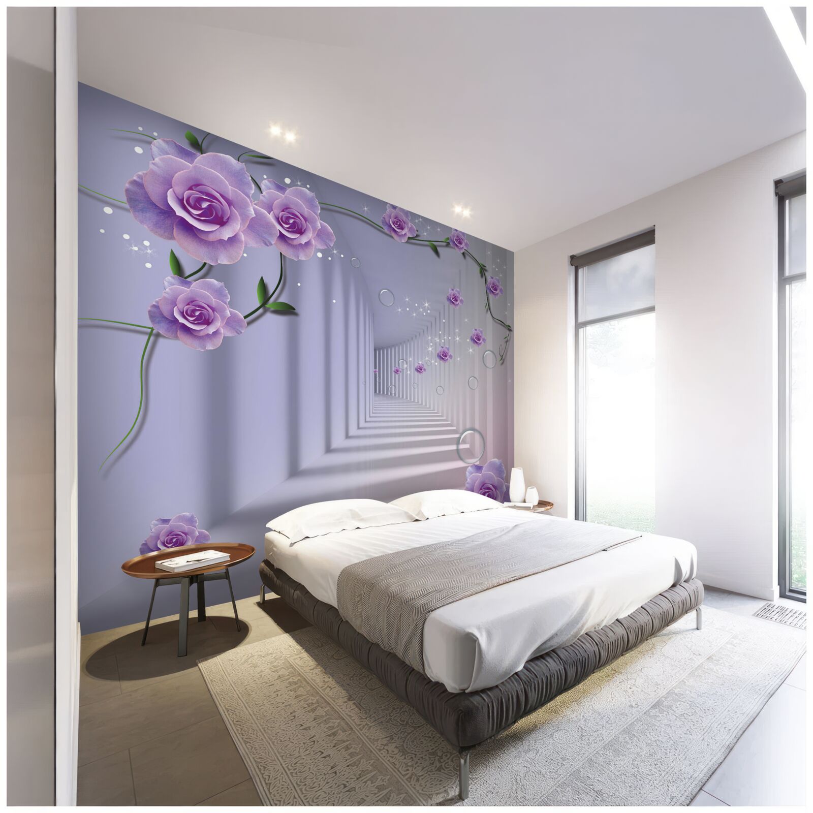 Fotobehang in perspectief, een tunnel versierd met een paarse roos