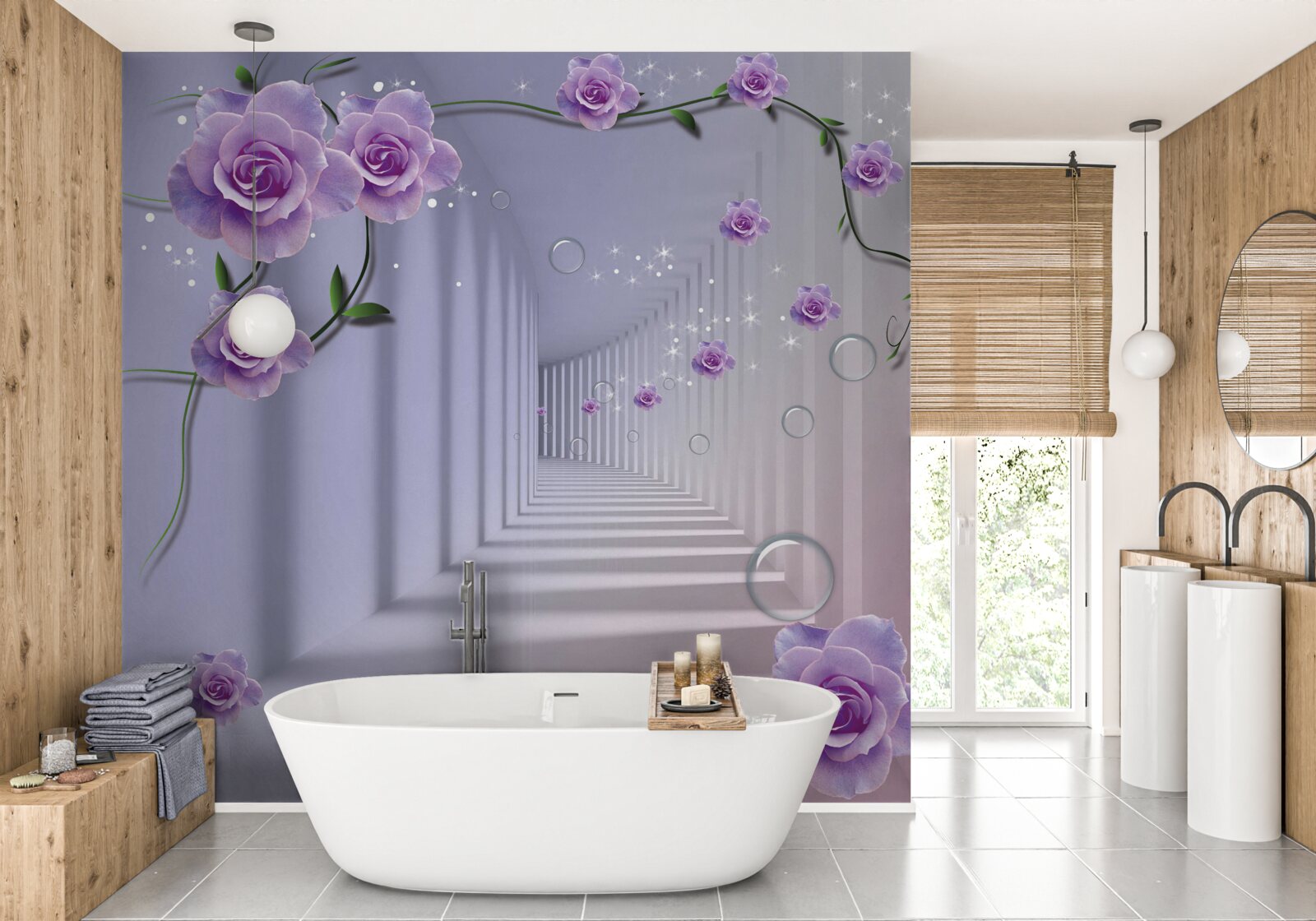 Fotobehang in perspectief, een tunnel versierd met een paarse roos