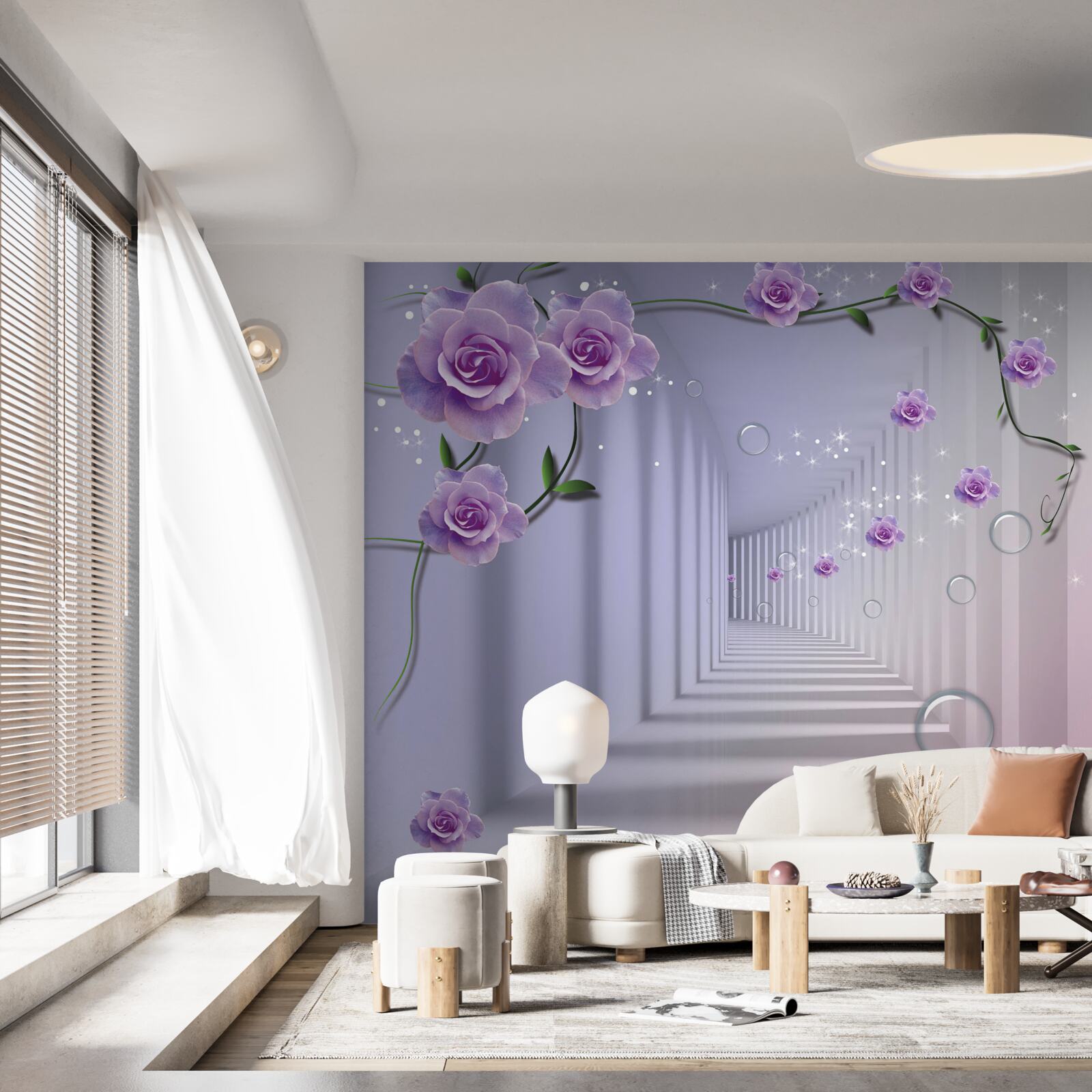 Fotobehang in perspectief, een tunnel versierd met een paarse roos