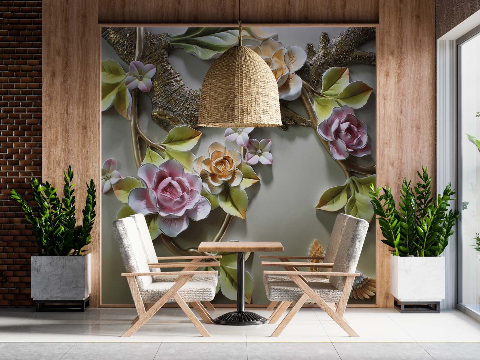 Fotobehang lotusbloemen in gele, witte en paarse tinten en een vogel