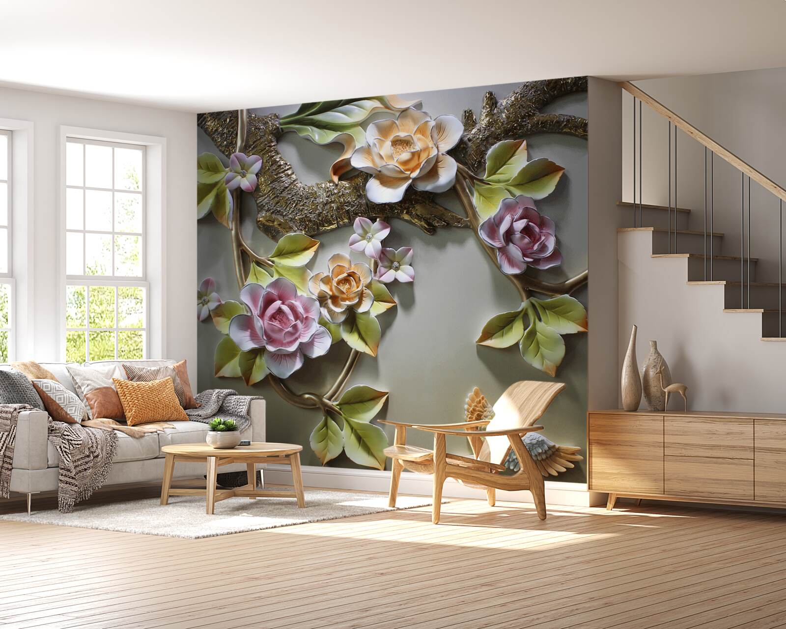 Fotobehang lotusbloemen in gele, witte en paarse tinten en een vogel