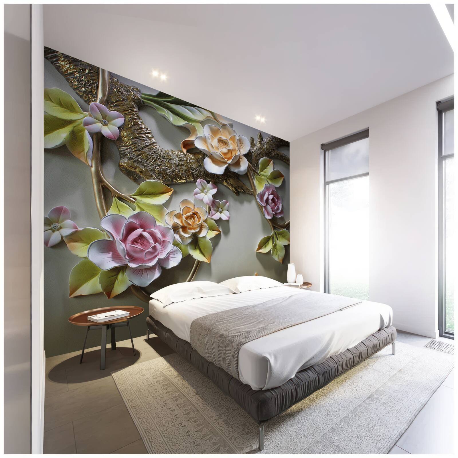 Fotobehang lotusbloemen in gele, witte en paarse tinten en een vogel