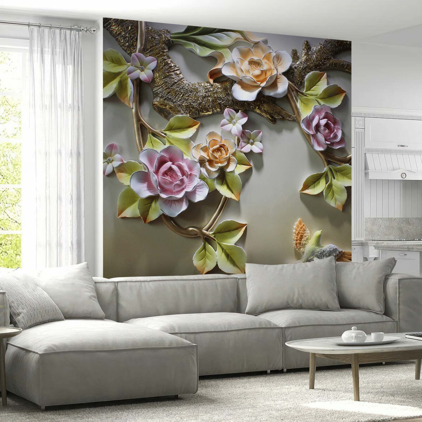 Fotobehang lotusbloemen in gele, witte en paarse tinten en een vogel