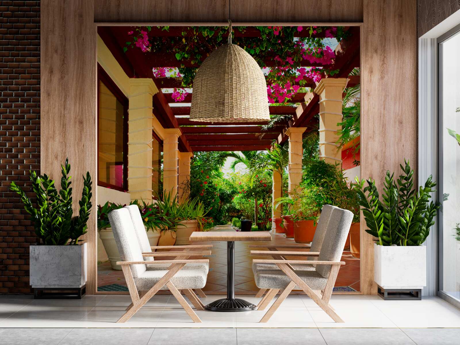 Fotobehang terras bij het huis, versierd met planten