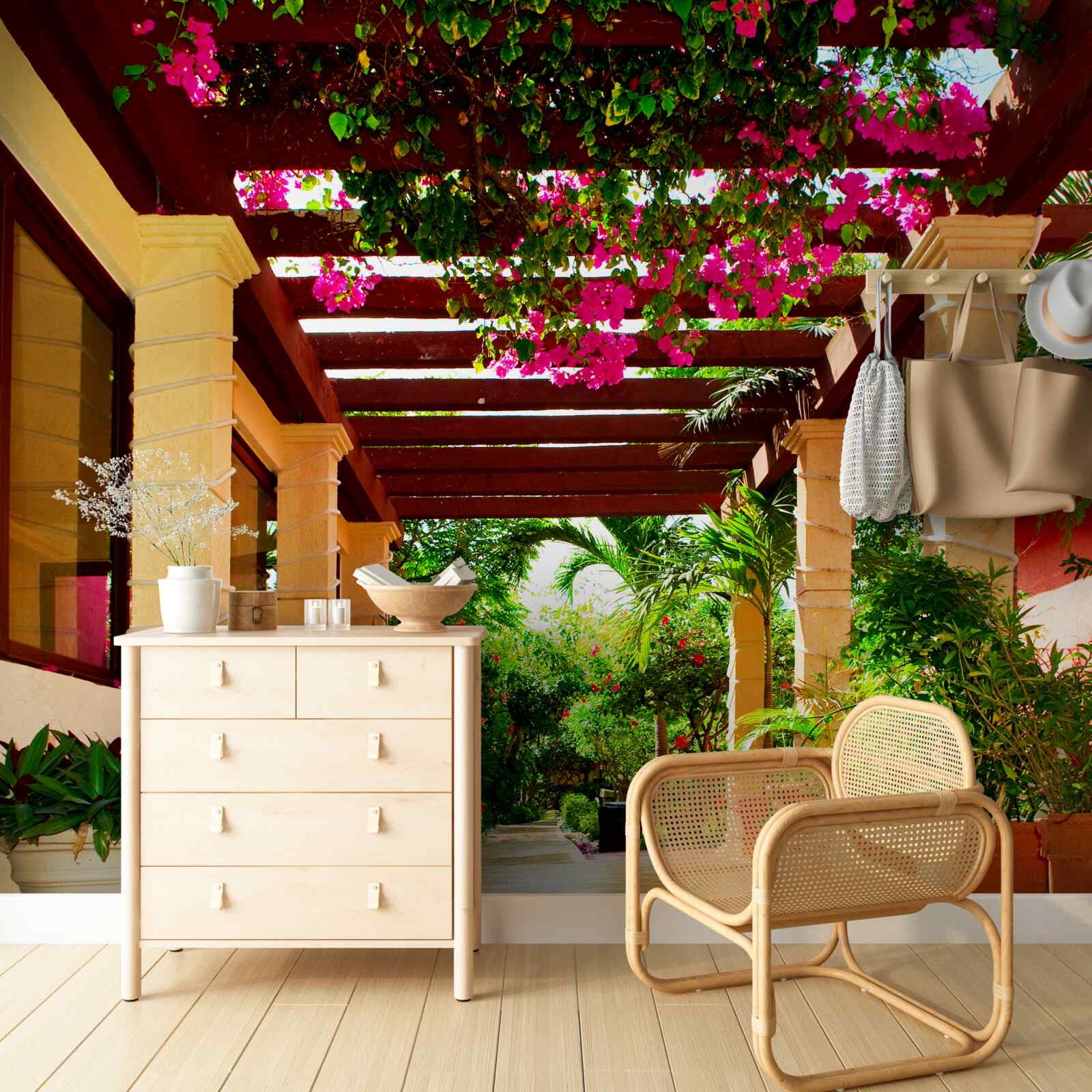 Fotobehang terras bij het huis, versierd met planten