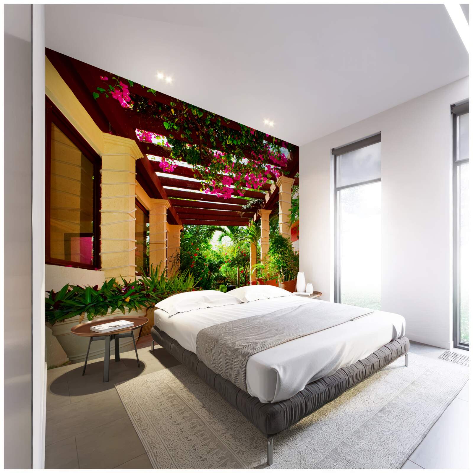 Fotobehang terras bij het huis, versierd met planten