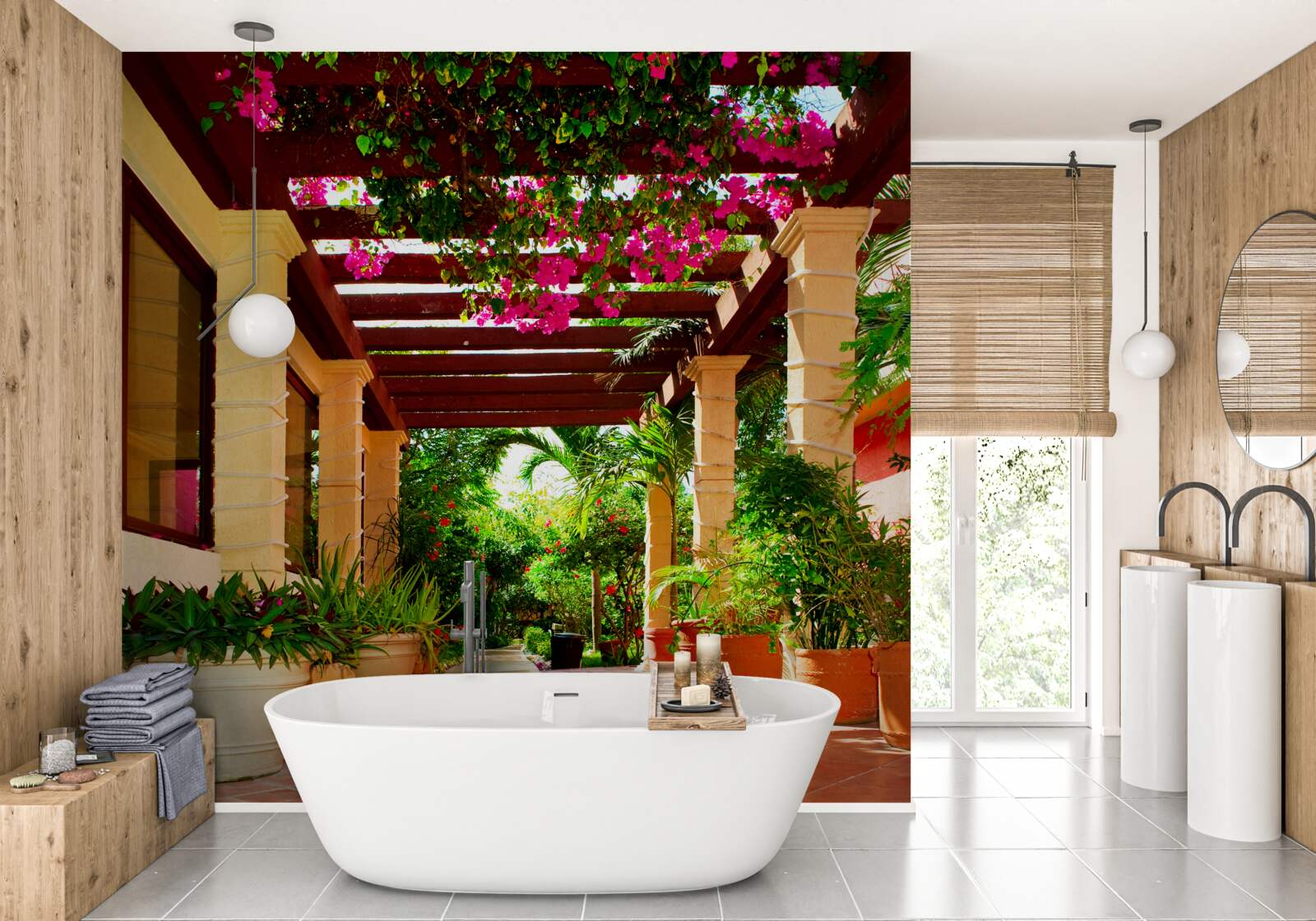 Fotobehang terras bij het huis, versierd met planten