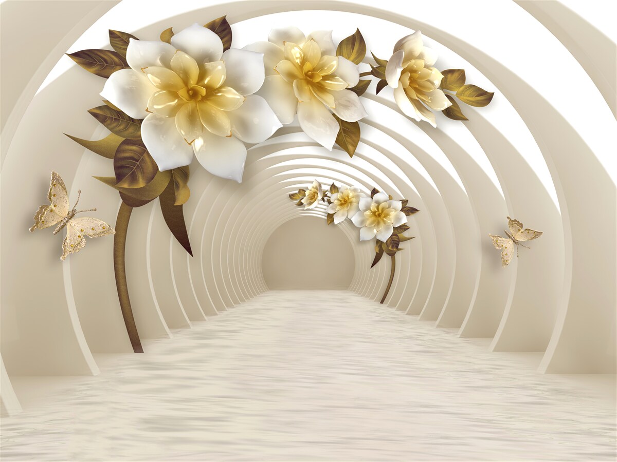 Fotobehang Als je naar buiten kijkt, zie je witte lotussen versierd met goud