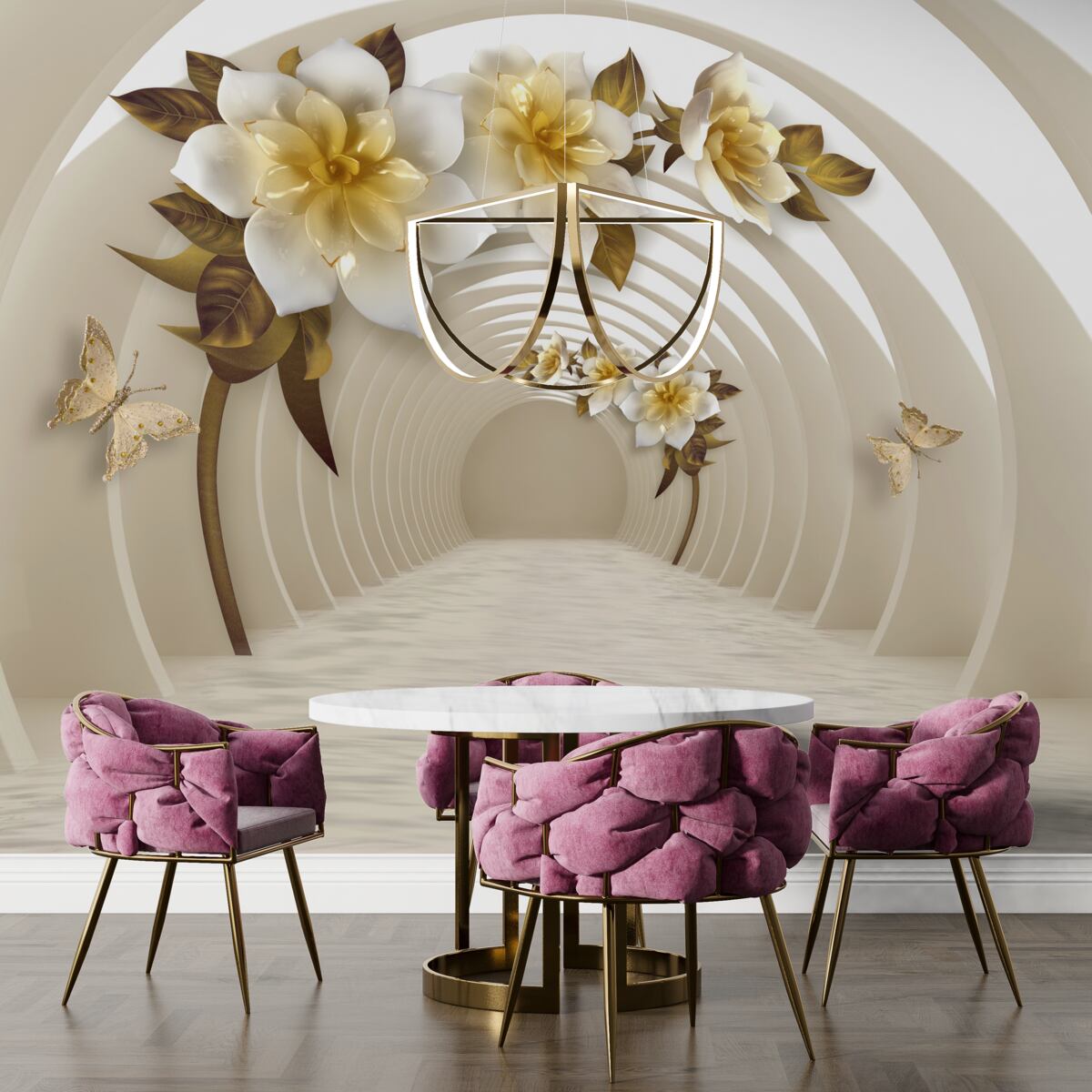 Fotobehang Als je naar buiten kijkt, zie je witte lotussen versierd met goud