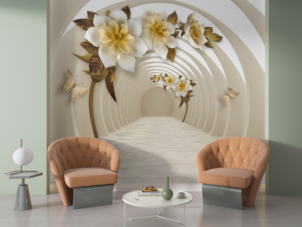 Fotobehang Als je naar buiten kijkt, zie je witte lotussen versierd met goud