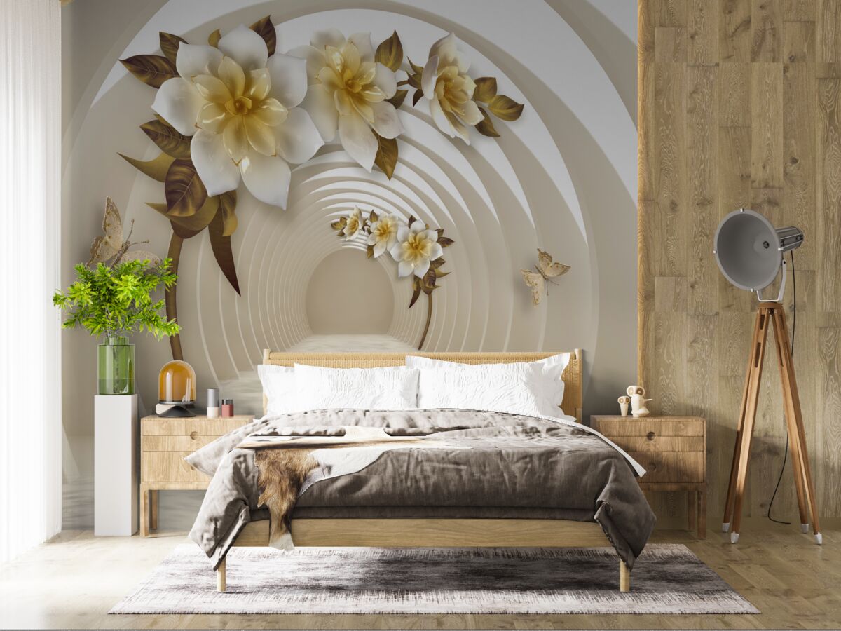 Fotobehang Als je naar buiten kijkt, zie je witte lotussen versierd met goud