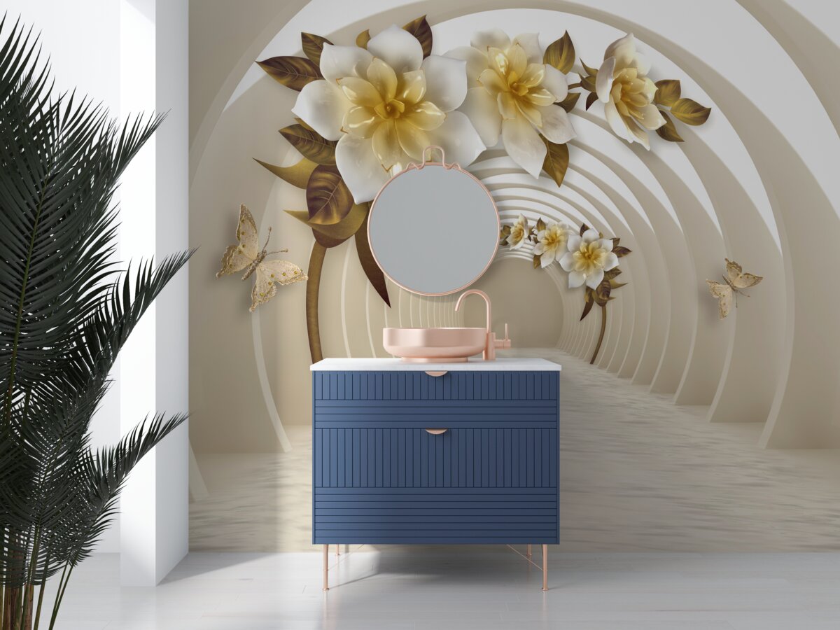 Fotobehang Als je naar buiten kijkt, zie je witte lotussen versierd met goud