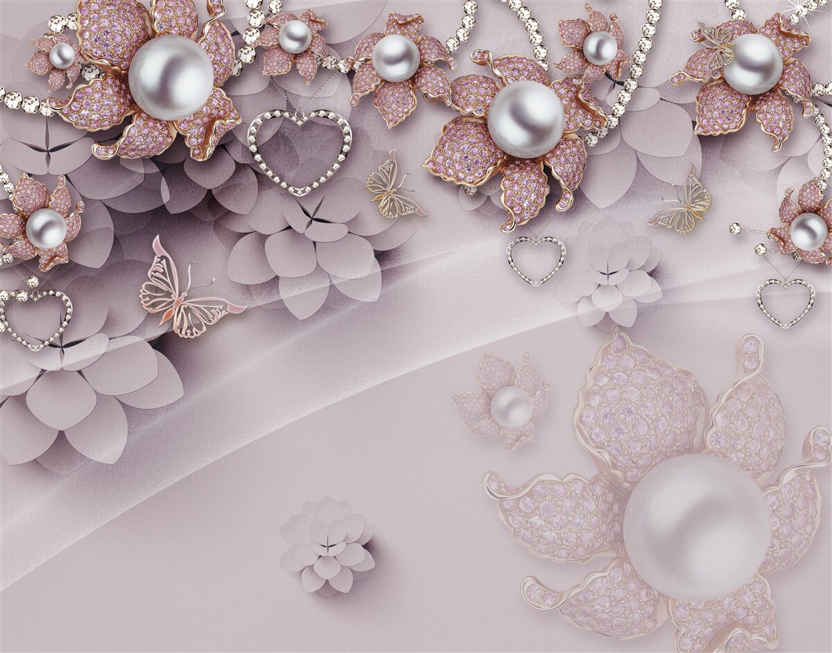 Fotobehang in het midden zitten parels omringd door delicate roze bloemen