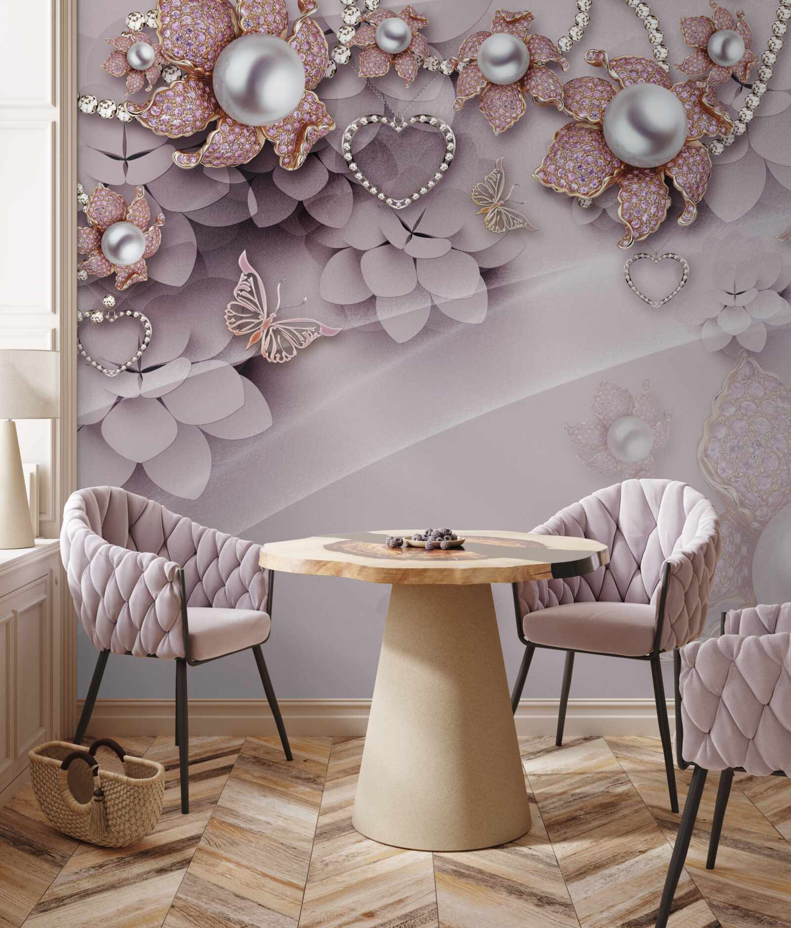 Fotobehang in het midden zitten parels omringd door delicate roze bloemen