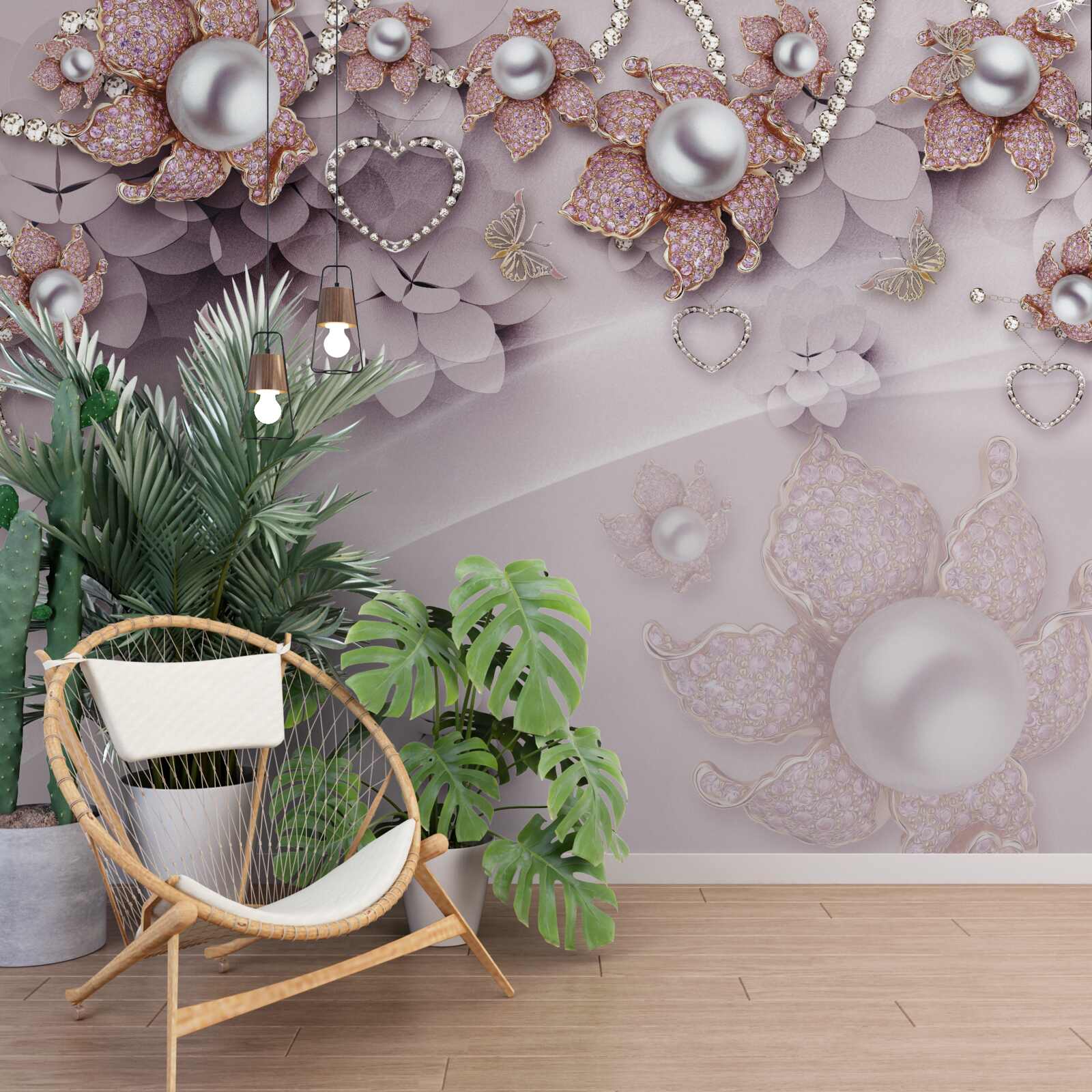 Fotobehang in het midden zitten parels omringd door delicate roze bloemen