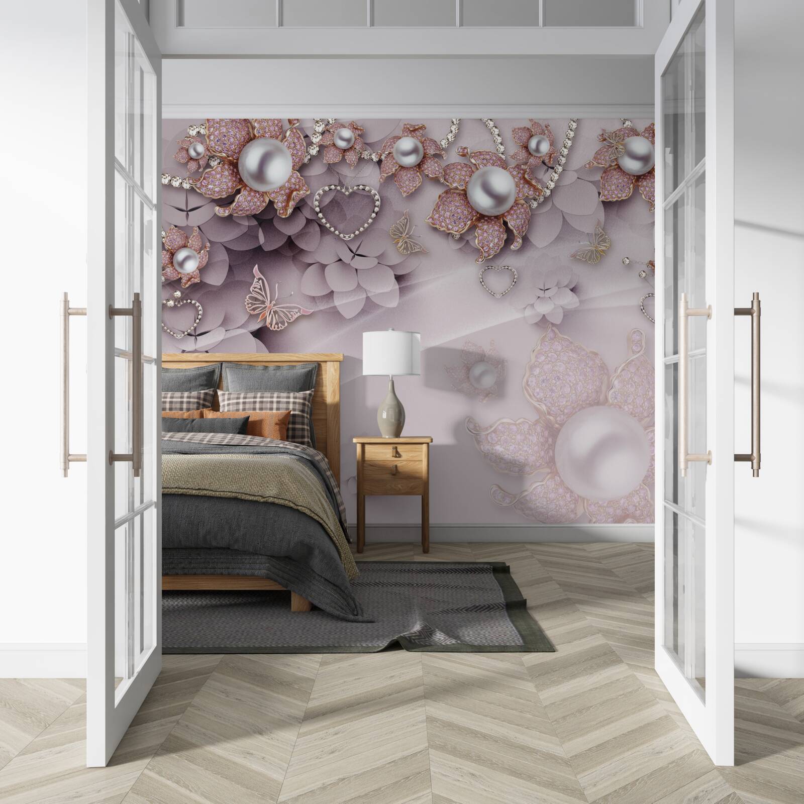 Fotobehang in het midden zitten parels omringd door delicate roze bloemen