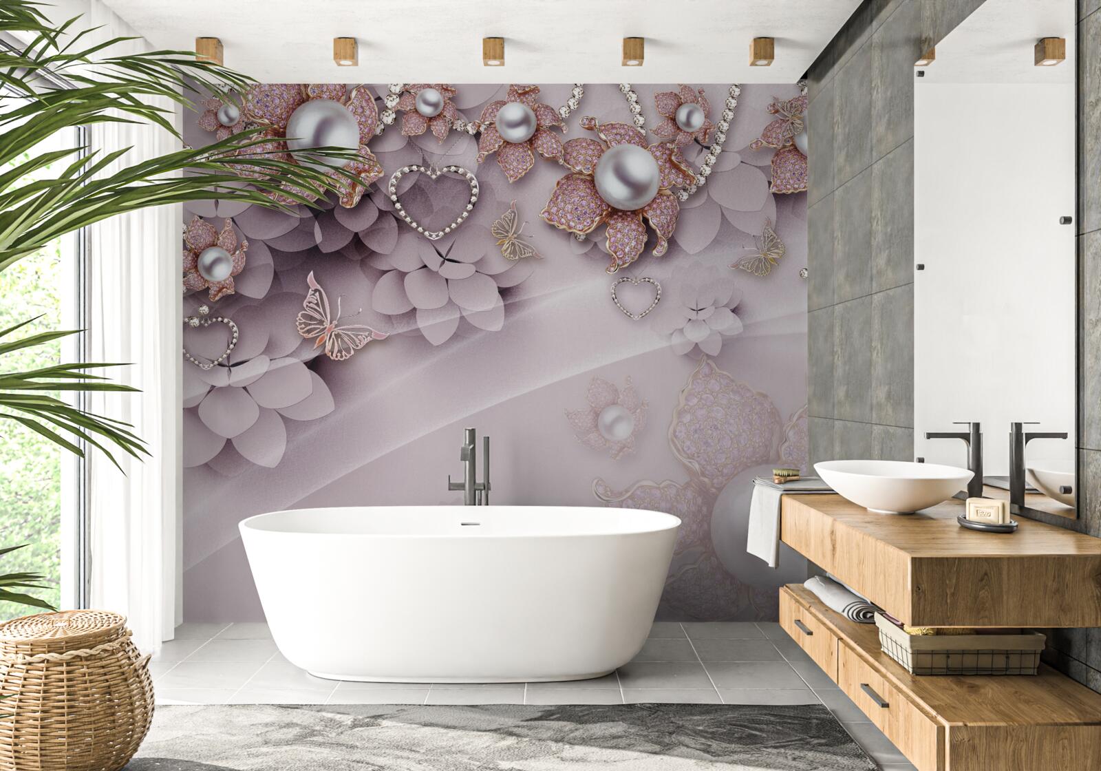 Fotobehang in het midden zitten parels omringd door delicate roze bloemen