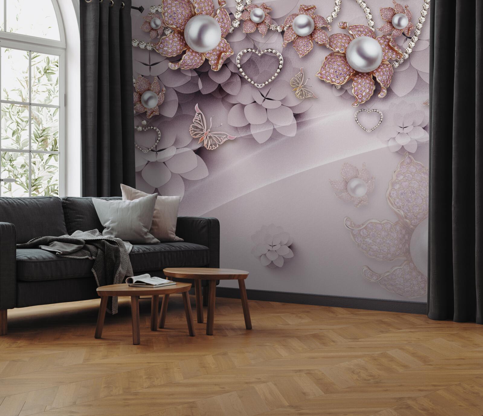 Fotobehang in het midden zitten parels omringd door delicate roze bloemen