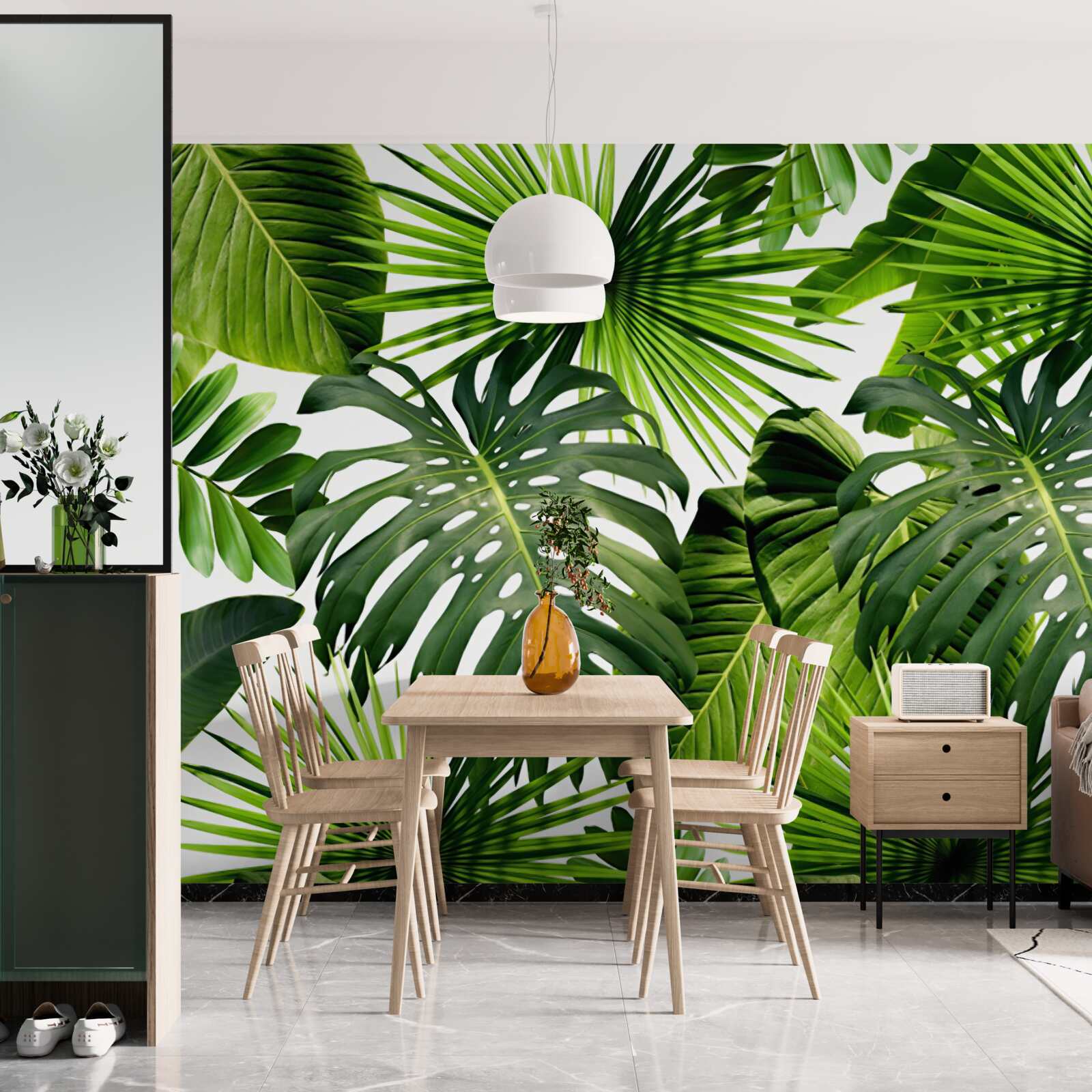 Fotobehang monstera en bananenbladeren op een witte achtergrond, met dichtheid