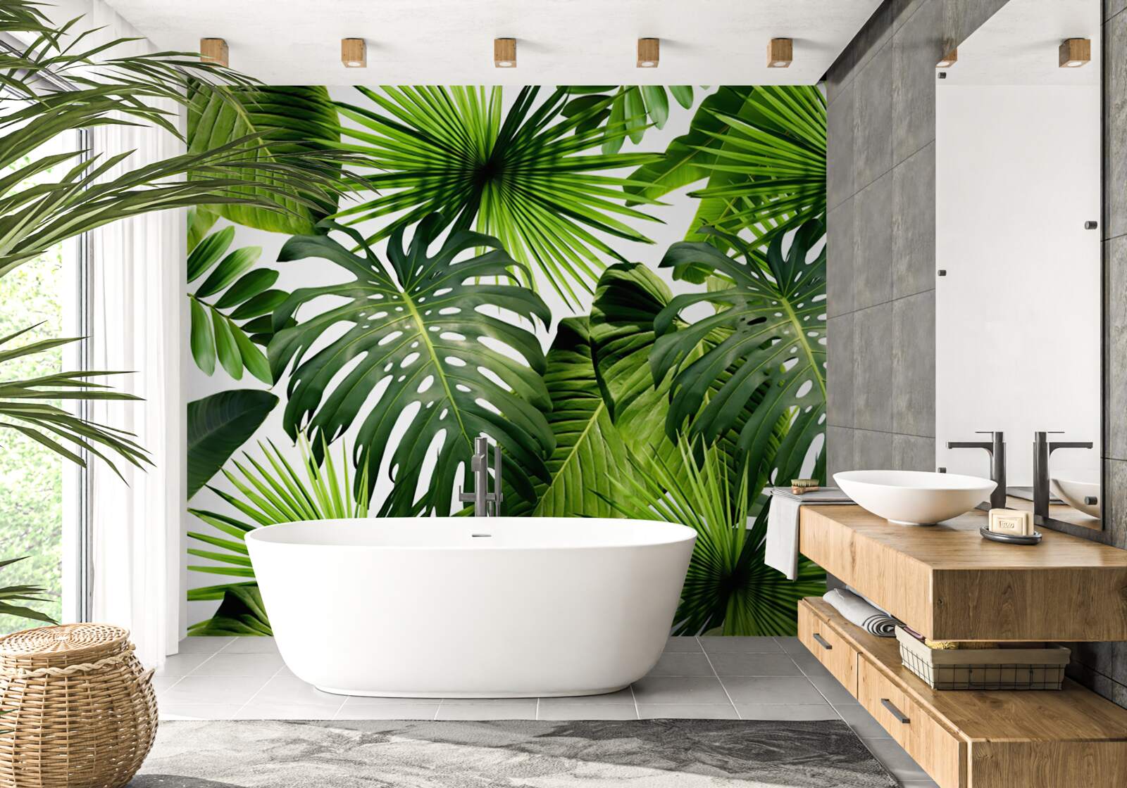 Fotobehang monstera en bananenbladeren op een witte achtergrond, met dichtheid