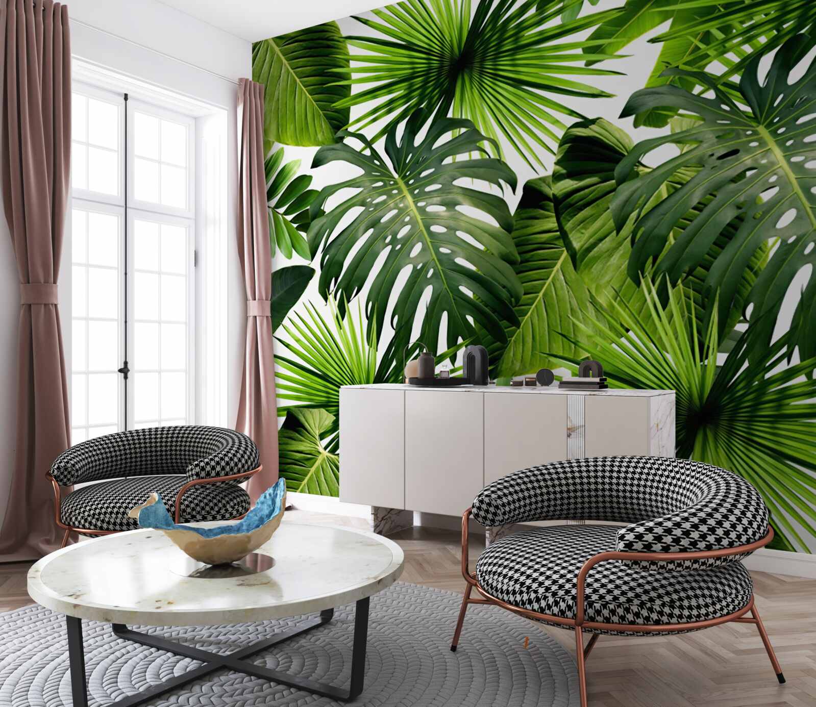 Fotobehang monstera en bananenbladeren op een witte achtergrond, met dichtheid