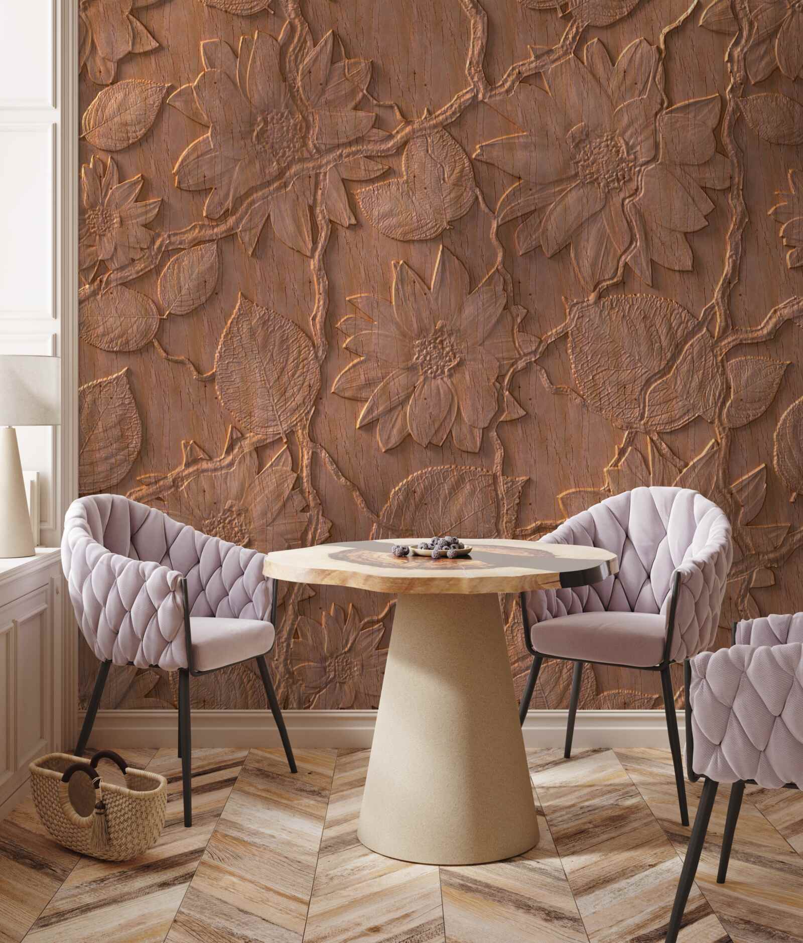 Fotobehang gips met bloemen, gemaakt van ruw hout