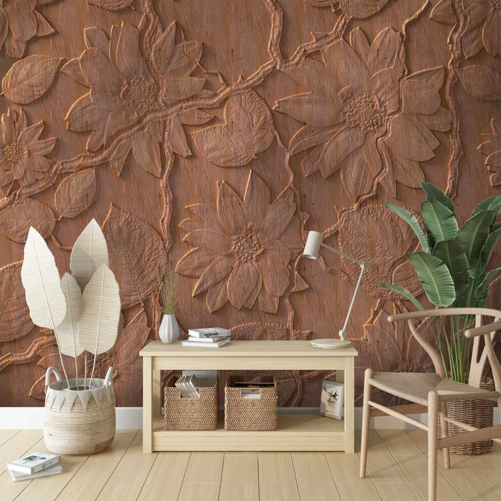 Fotobehang gips met bloemen, gemaakt van ruw hout