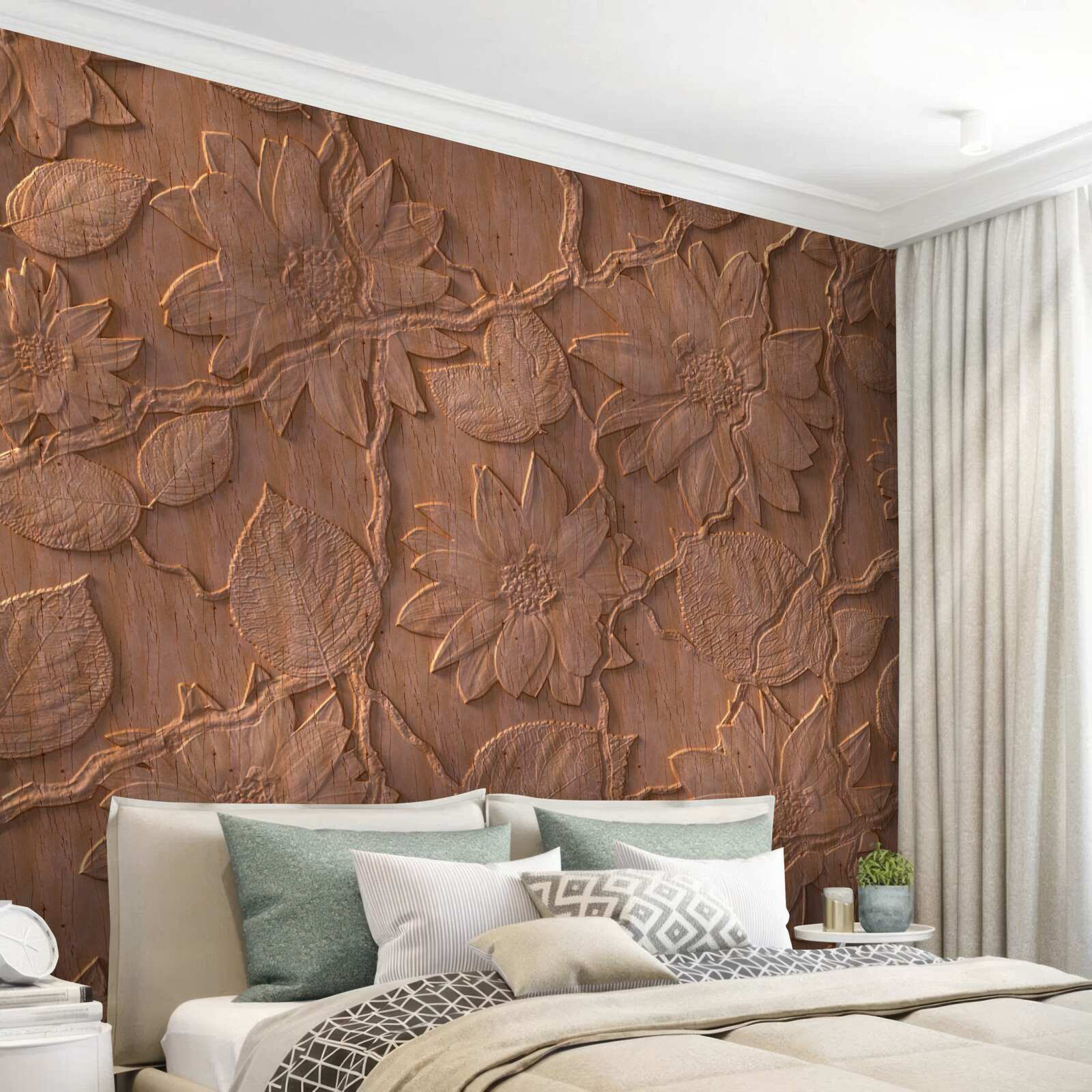 Fotobehang gips met bloemen, gemaakt van ruw hout