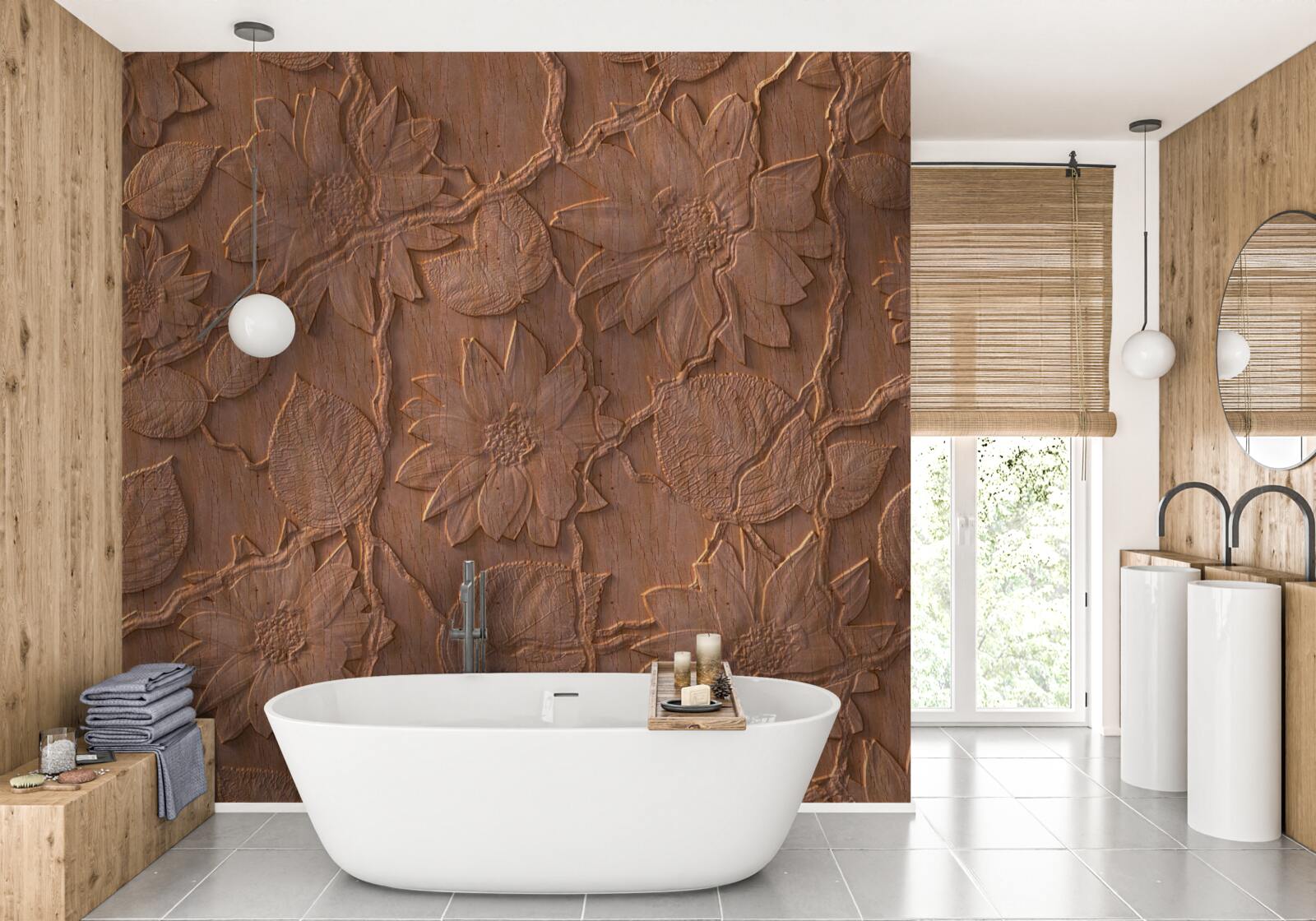 Fotobehang gips met bloemen, gemaakt van ruw hout