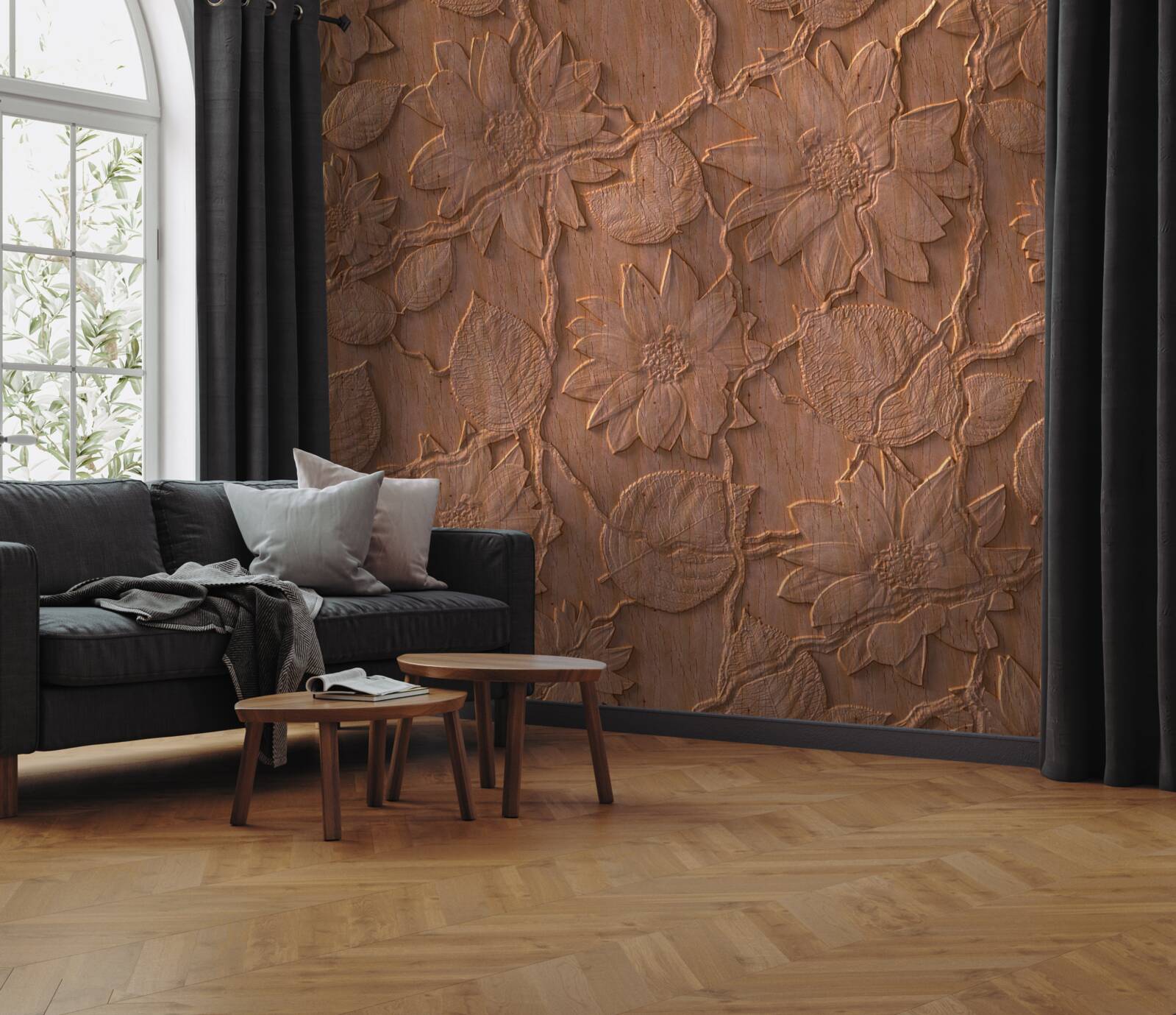 Fotobehang gips met bloemen, gemaakt van ruw hout