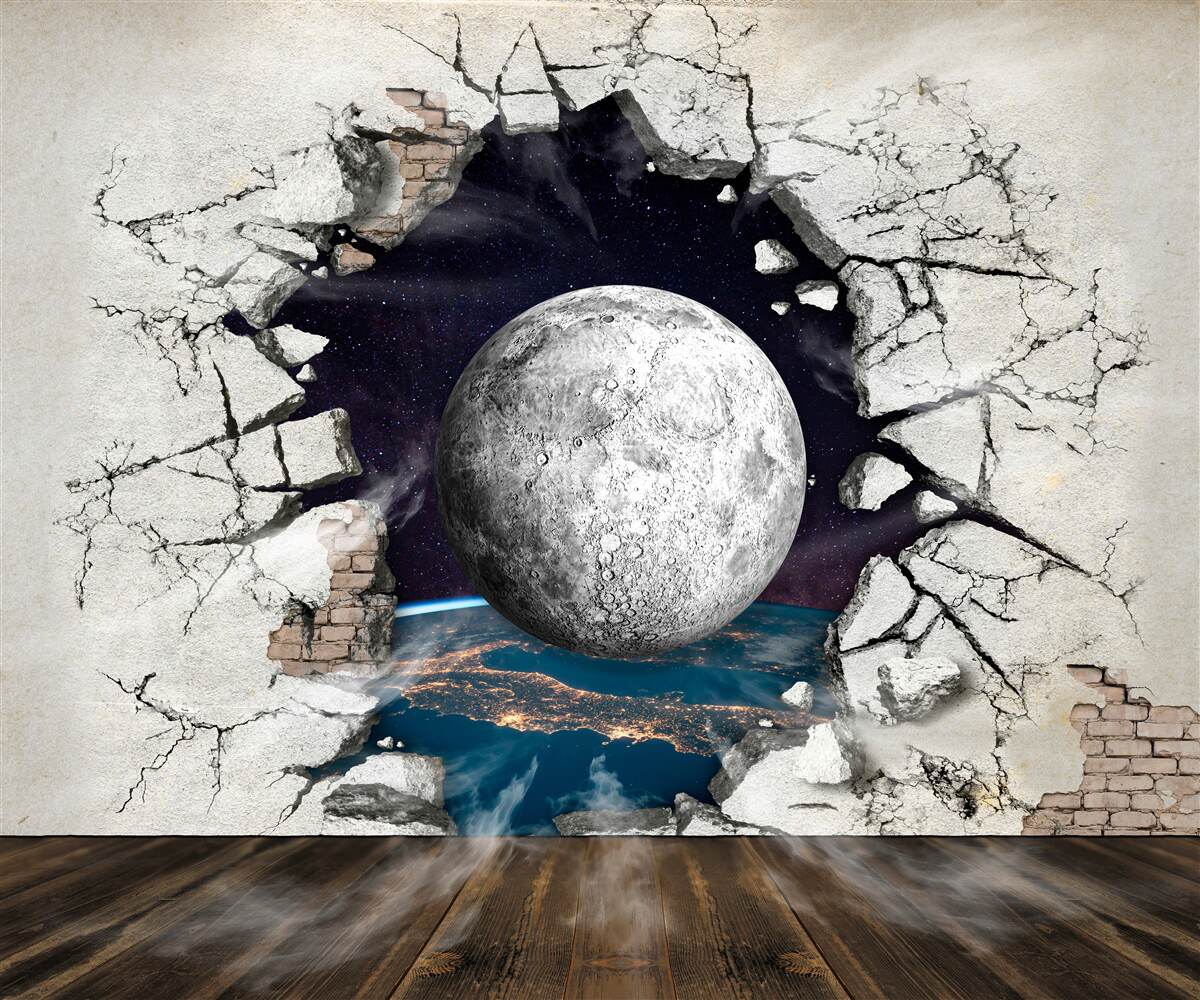 Fotobehang De muur wordt vernietigd in het maanlicht