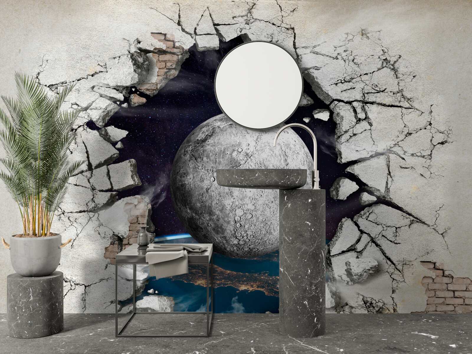 Fotobehang De muur wordt vernietigd in het maanlicht