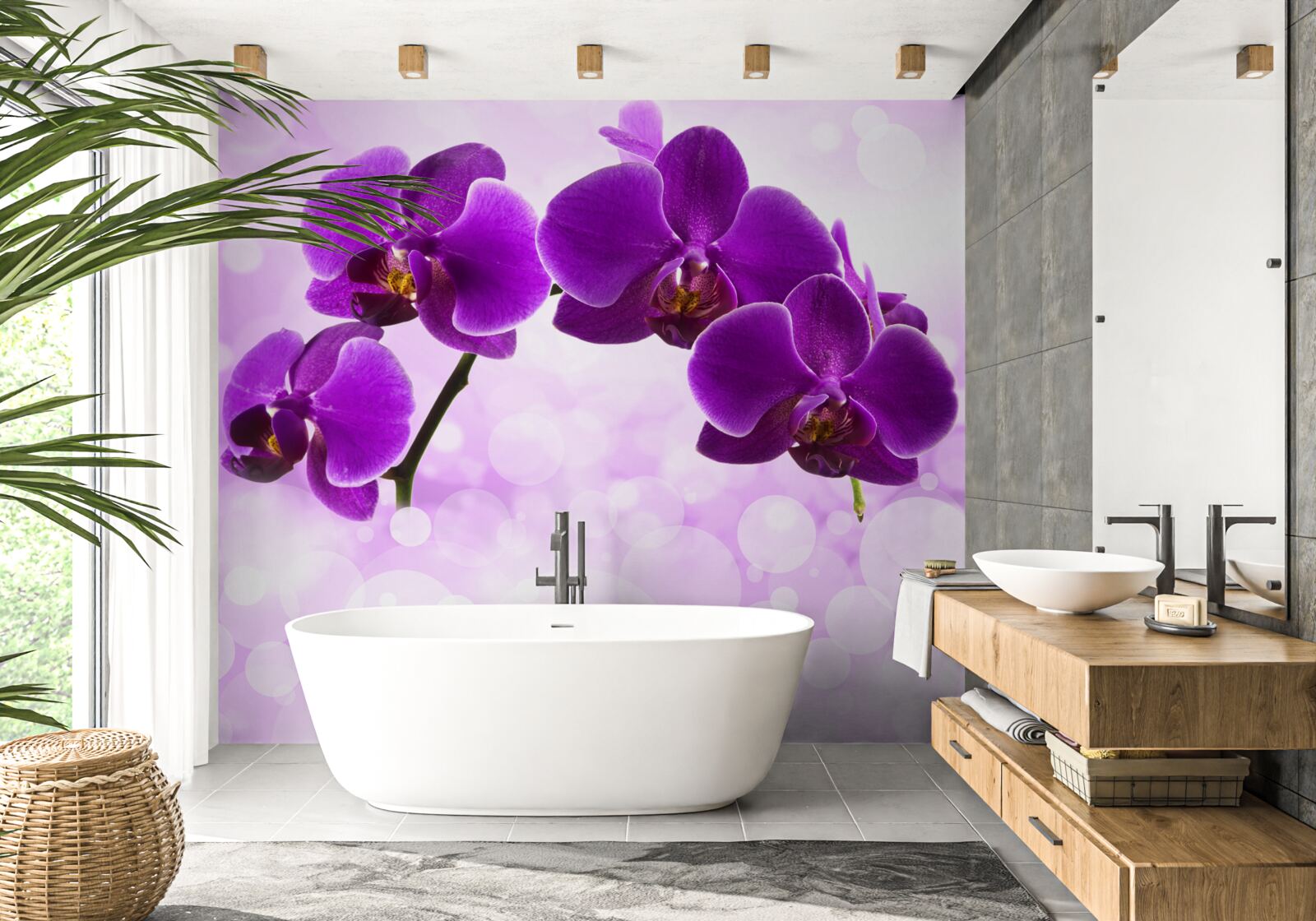 Fotobehang orchideeën met donkerpaarse bloemen