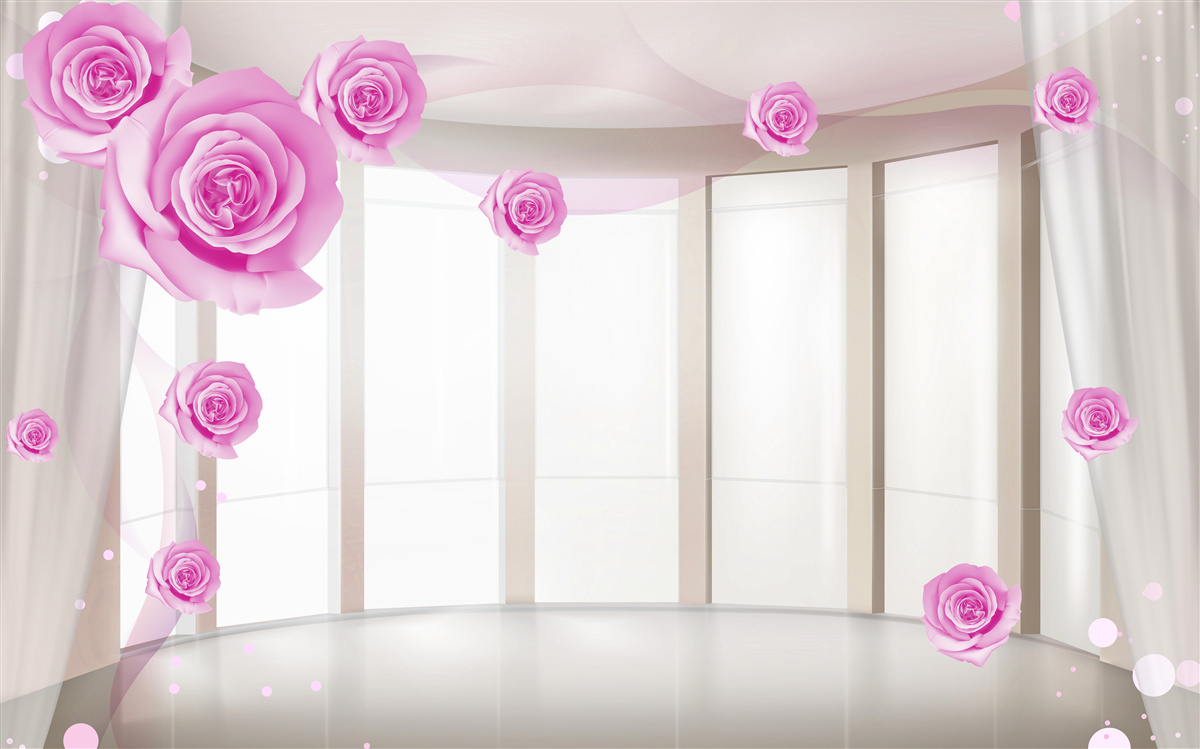 Fotobehang terras met panoramisch uitzicht en bloeiende rozen