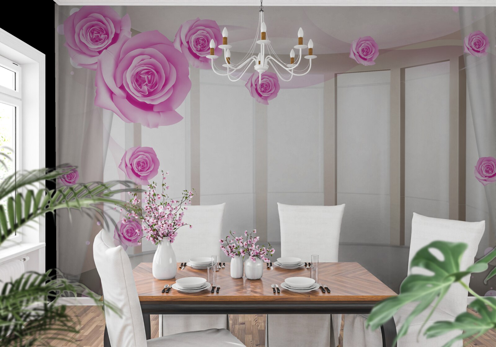 Fotobehang terras met panoramisch uitzicht en bloeiende rozen