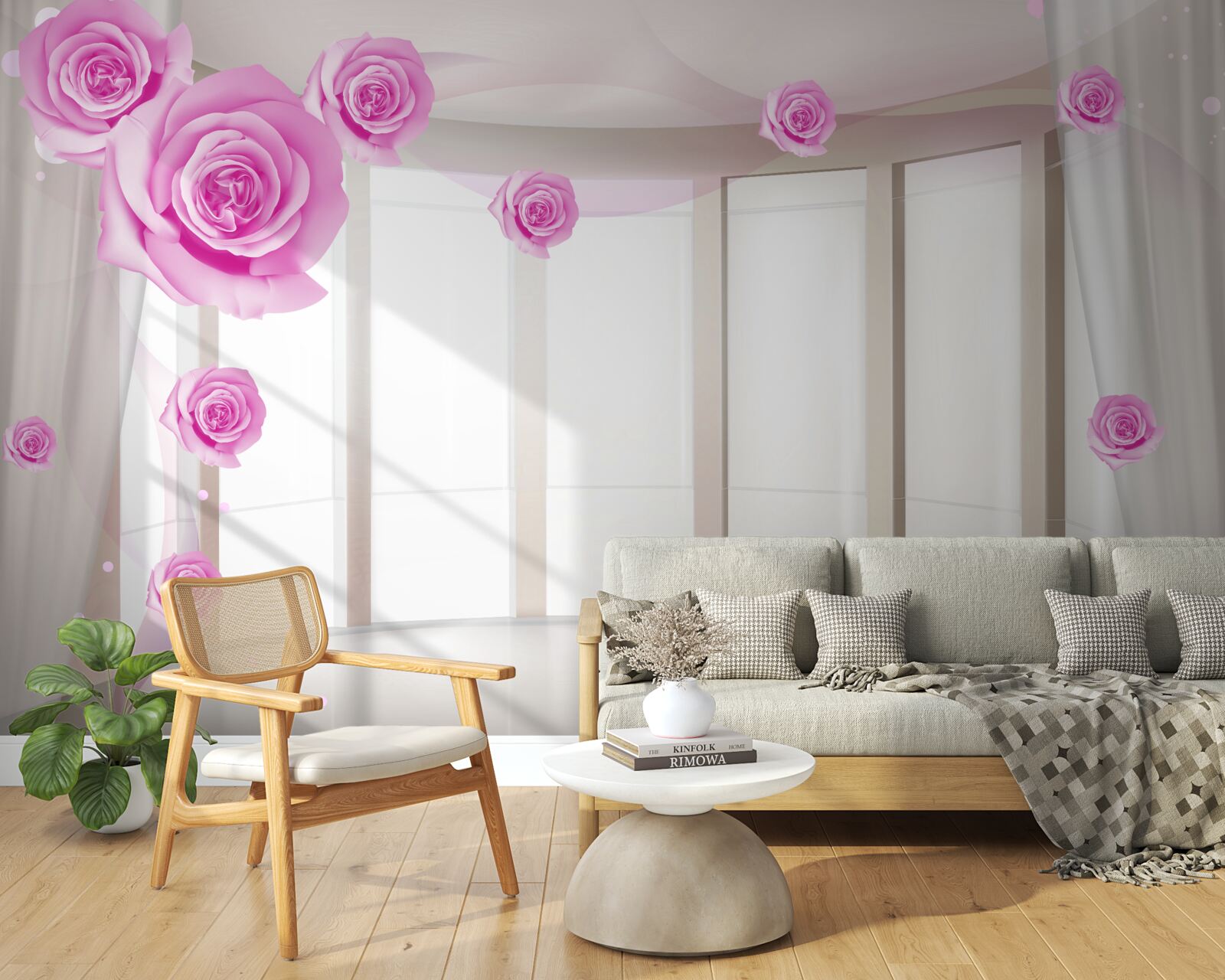 Fotobehang terras met panoramisch uitzicht en bloeiende rozen