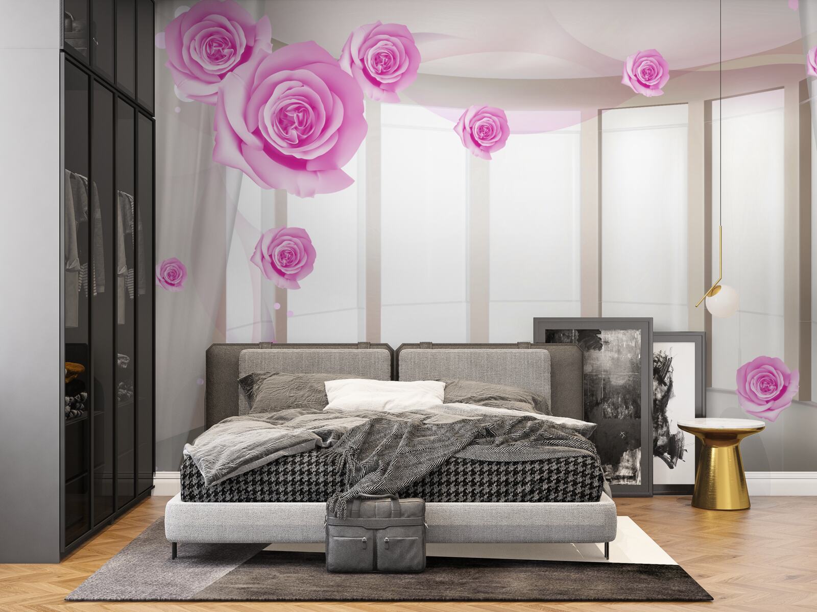 Fotobehang terras met panoramisch uitzicht en bloeiende rozen