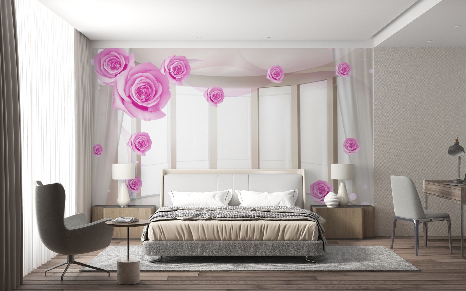 Fotobehang terras met panoramisch uitzicht en bloeiende rozen