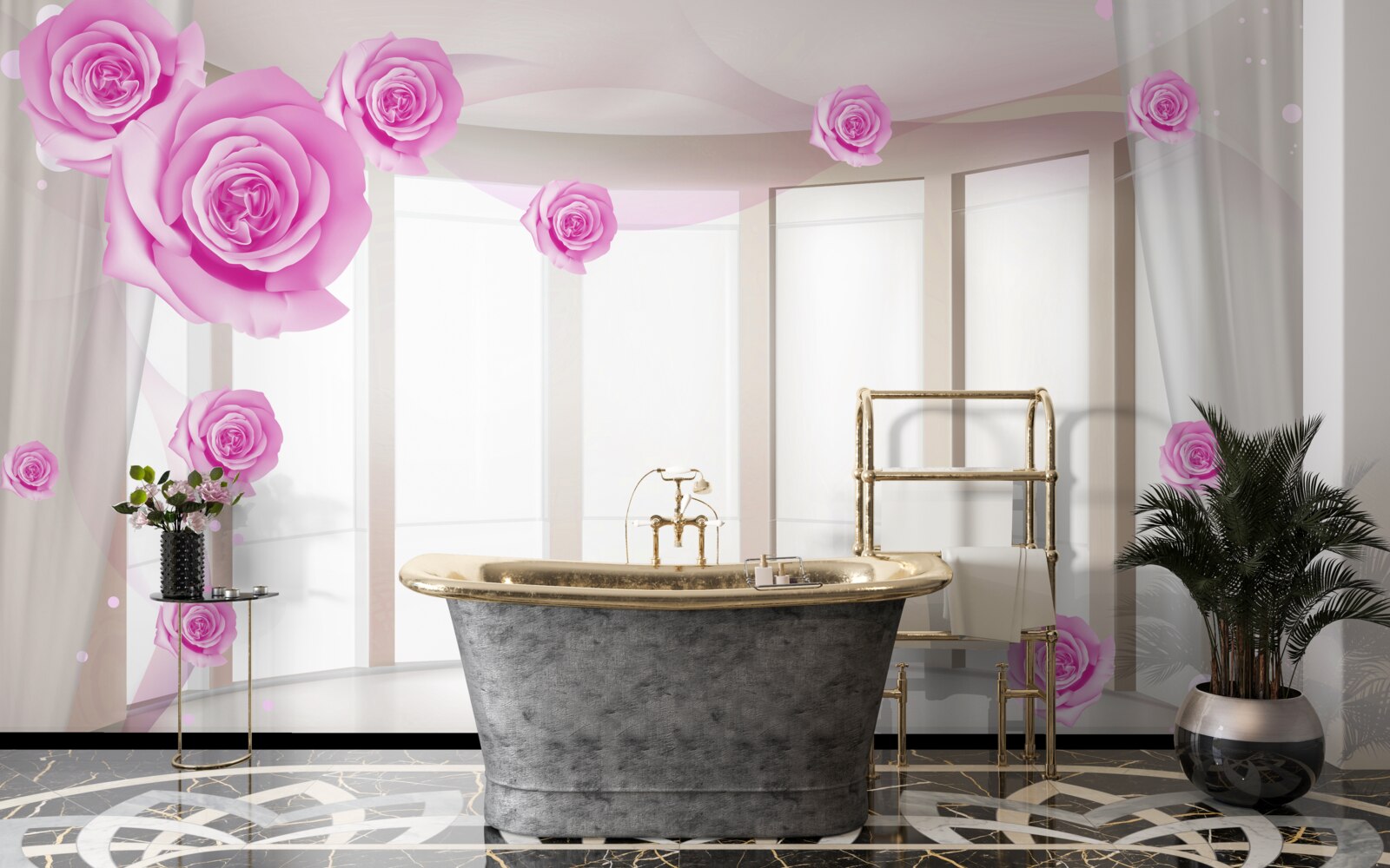 Fotobehang terras met panoramisch uitzicht en bloeiende rozen